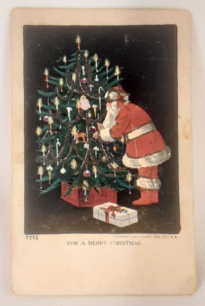 Christmas Post Card Ullman Mfg Co Series 1715 Santa Tree Glitter Unused Unposted