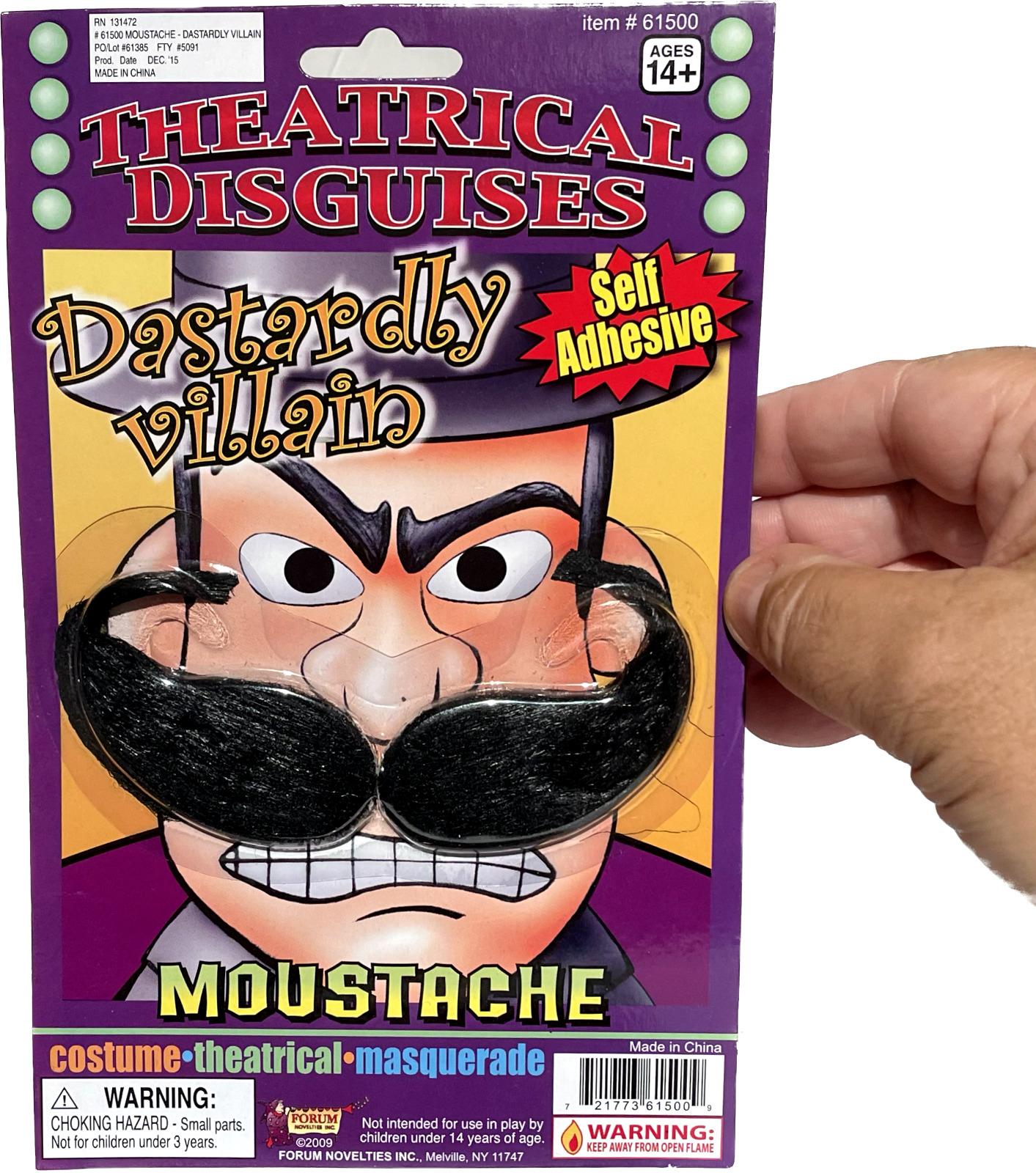 MOUSTACHE DASTARDLY VILLAIN Coward Costume Black Fake Mustache Bad Mean Guy Big