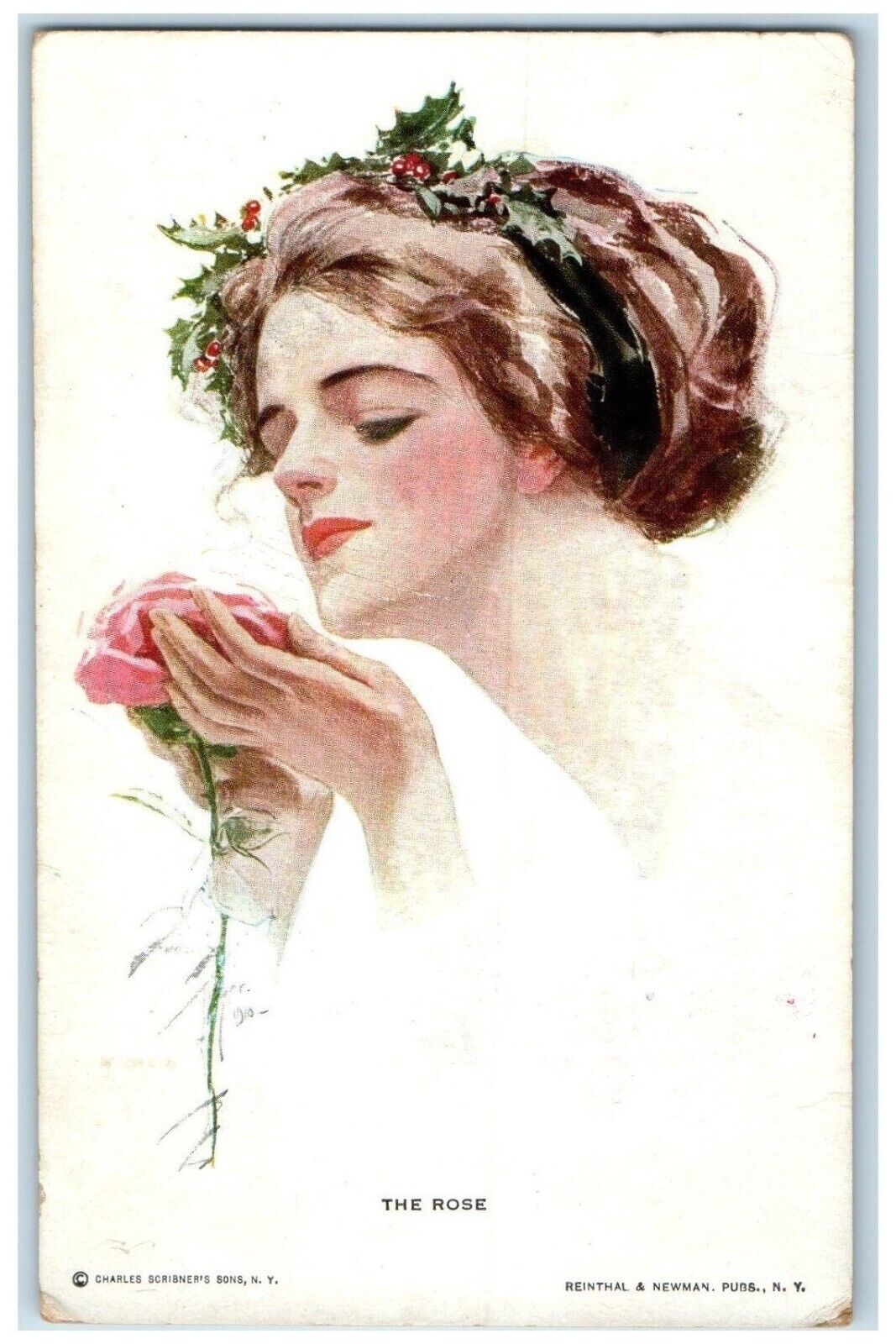 1912 Victorian Pretty Woman Big Berries Head Band With Flowers Antique Postcard