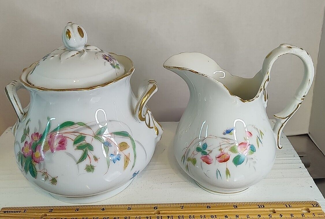 Antique Vintage sugar & creamer fine bone china France Pre-owned Condition Issue