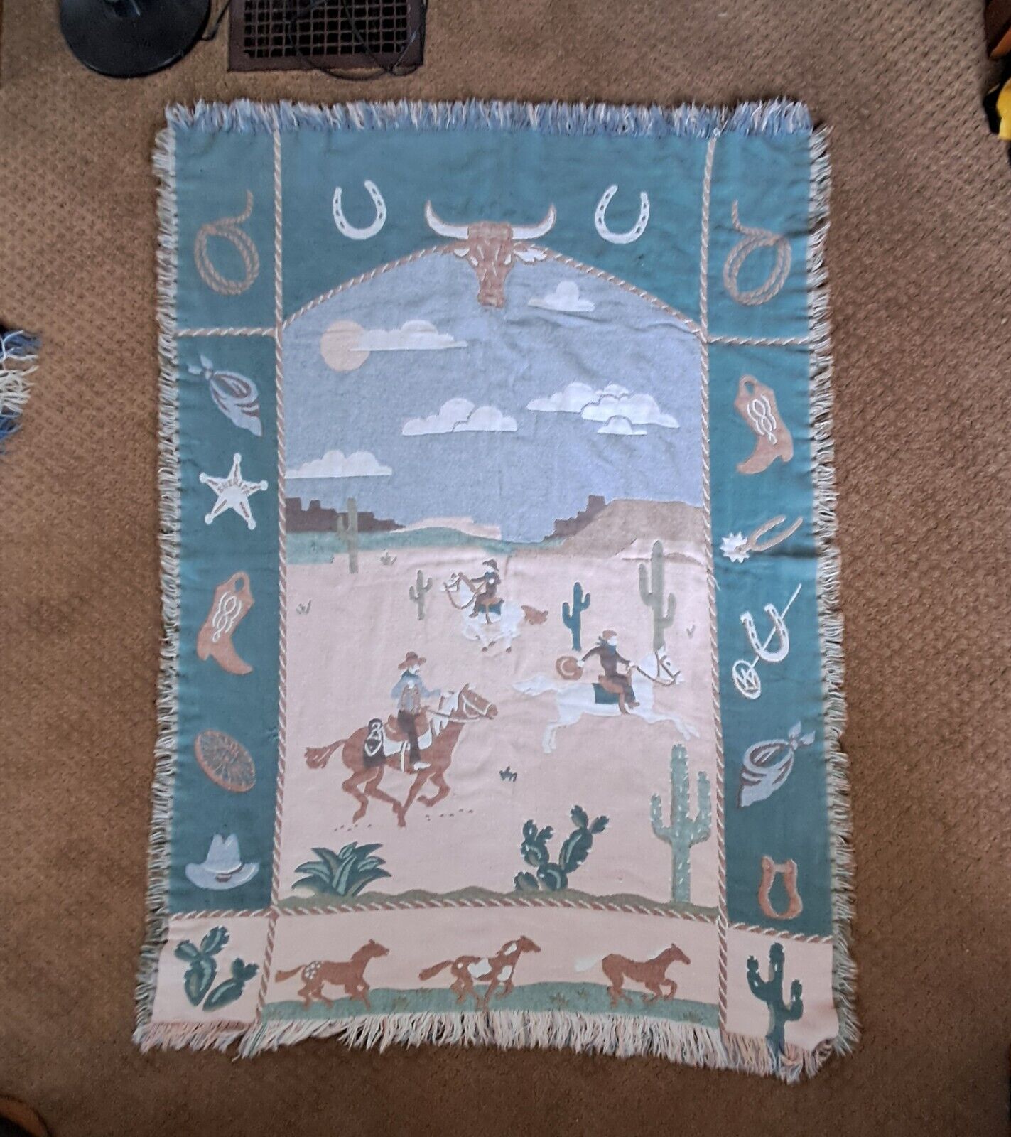 Vintage Woven Throw Blanket Western Horses Cowboys Cactus Blue Green Pink 65x46