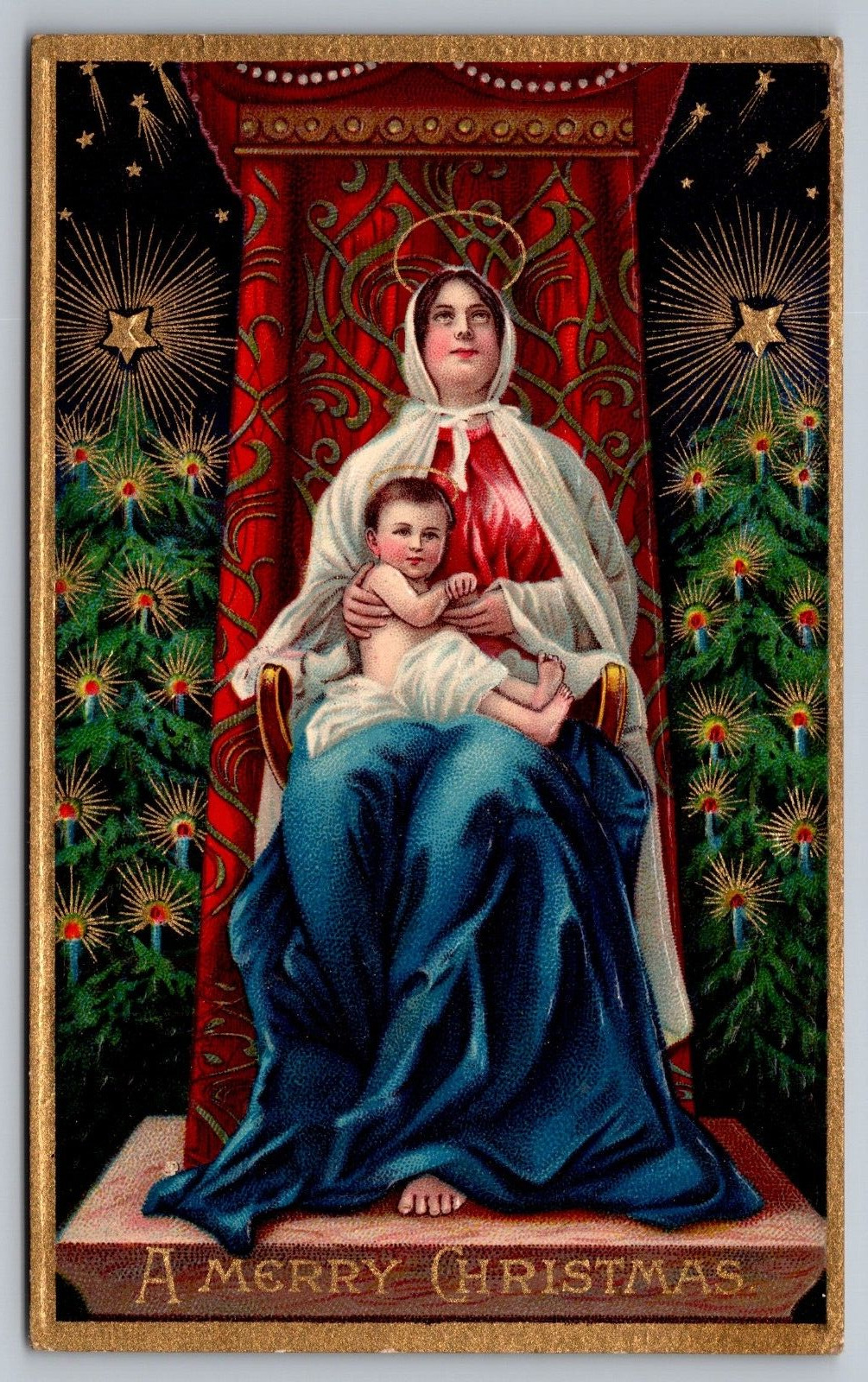A Merry Christmas “Baby Jesus & Mary w/Halo” c1910 VTG Embossed German Postcard