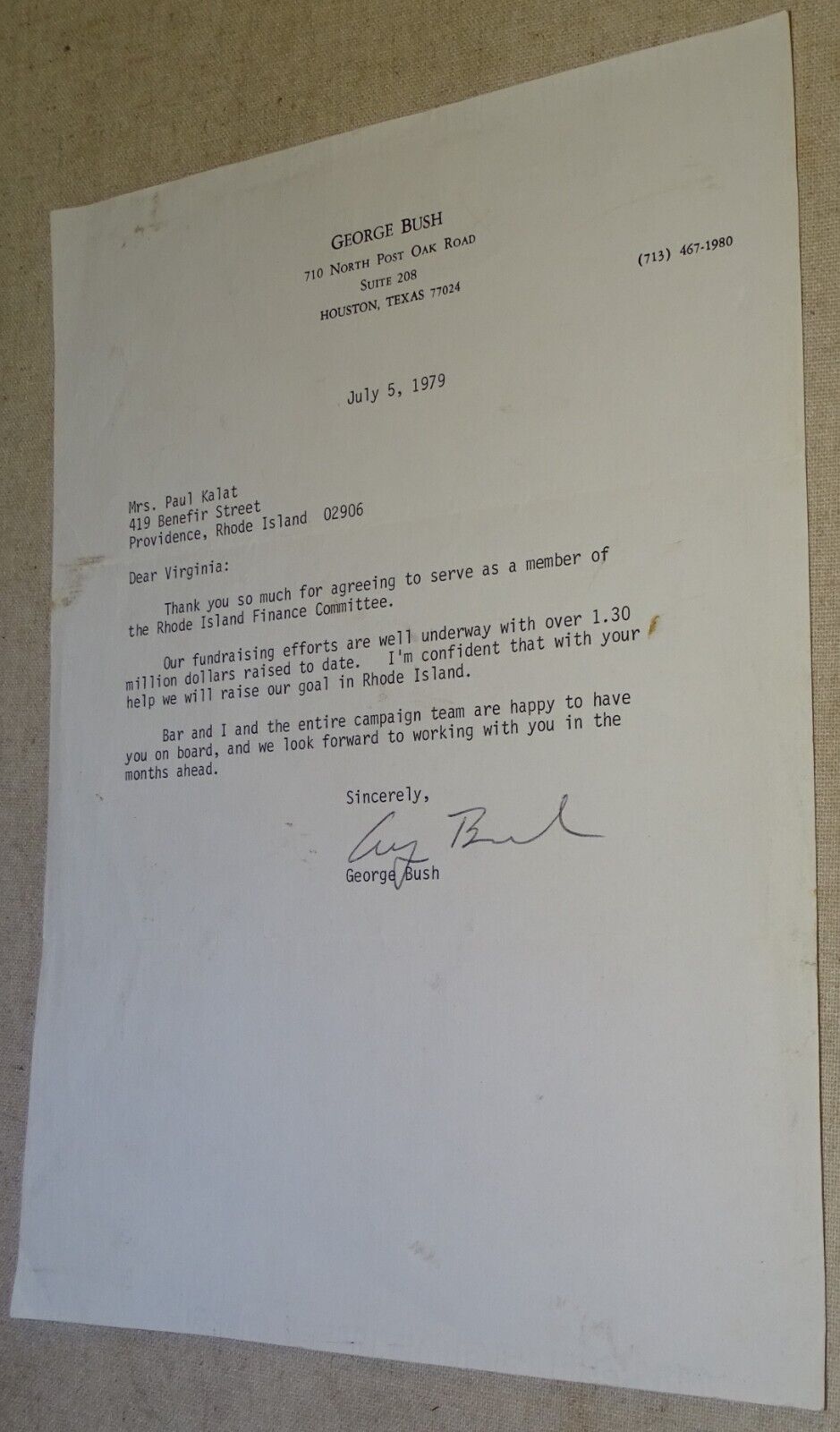 George Bush 1979 Letter (George H. W. Bush to Mrs. Paul Kalat, Virginia)