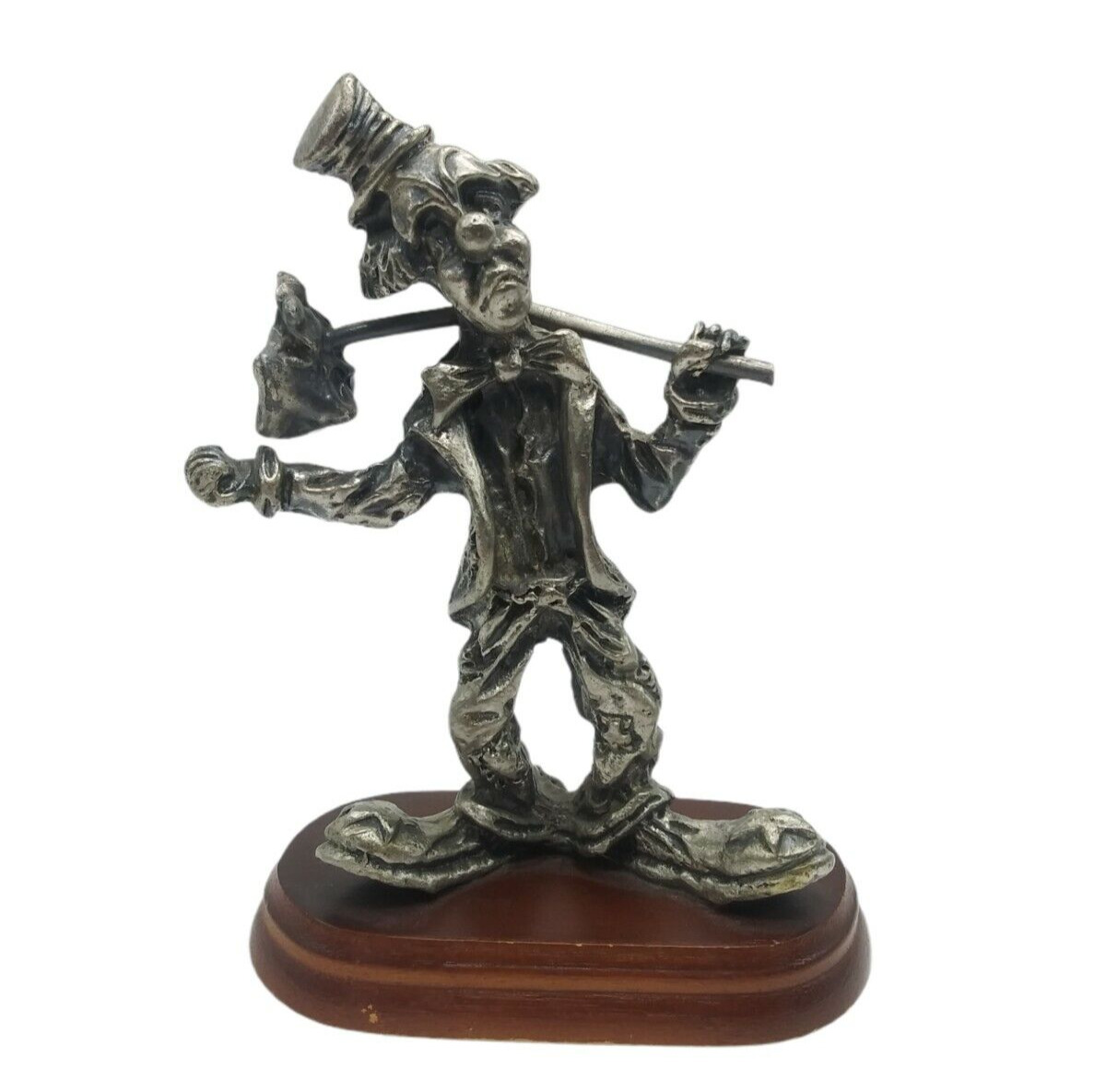 Pewter Hobo Clown Figurine Sculpture Wood Mounted Hitchhiker