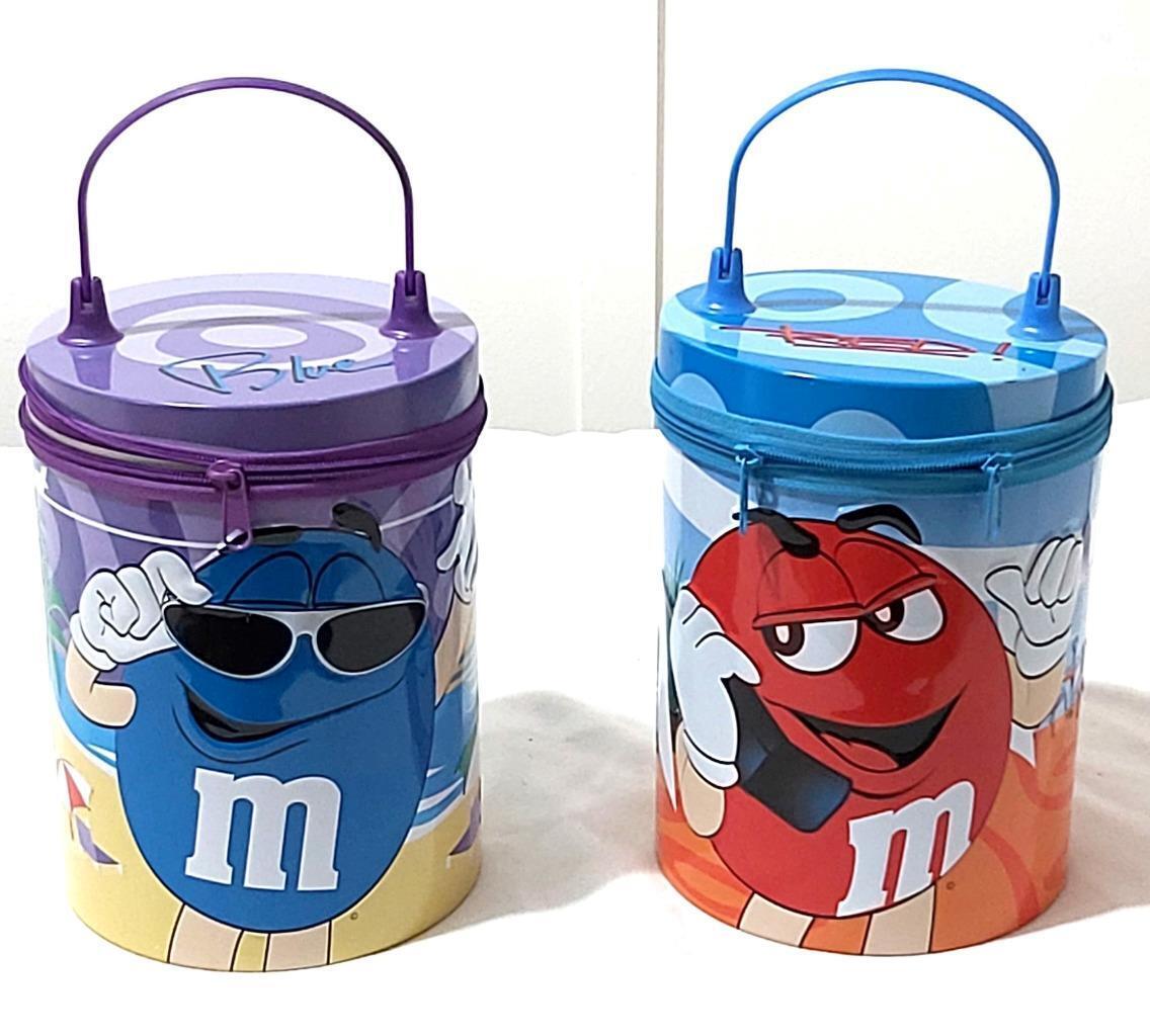 2 Each M&M\'s 2003 Blue & Red Round Tin Lunchbox Container Zip Closure Keepsake