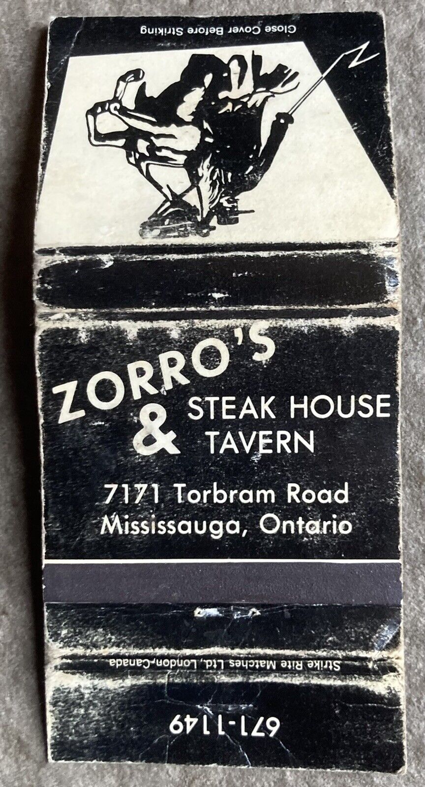 Vintage Zorro’s Steak House & Tavern Matchbook Cover Match Mississauga Canada