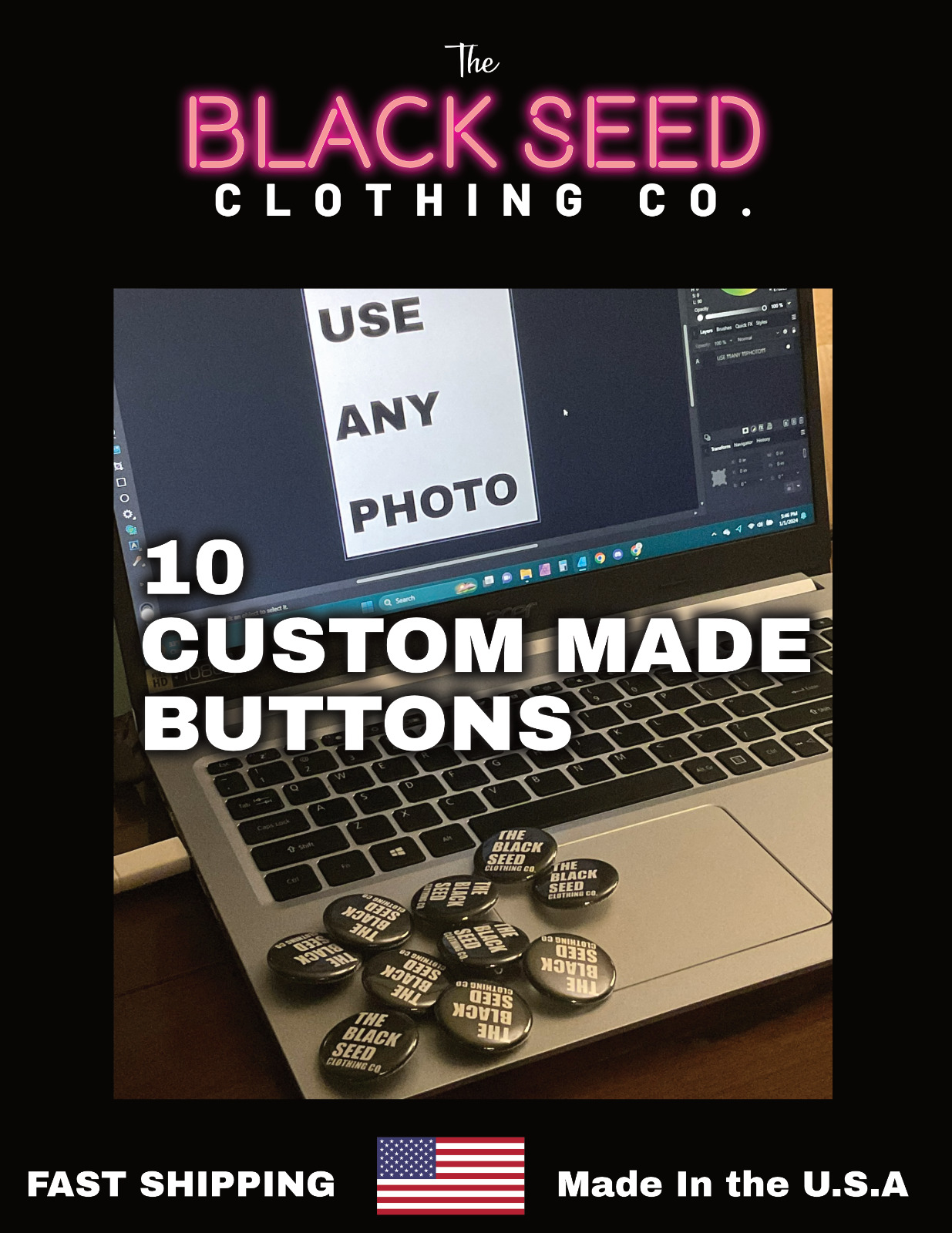 10 Custom Made Pinback Buttons with any photo, text, design, 1.25 inch