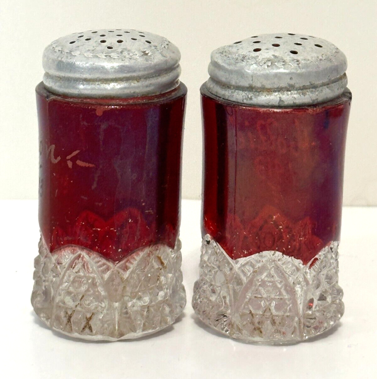 Antique RUBY RED CUT GLASS SALT & PEPPER SHAKERS 3\