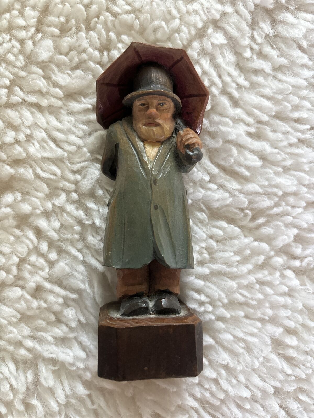VTG Anri Wood Figurine Man Umbrella Hat Overcoat Hand Carved (1940s?) 5.5” NICE