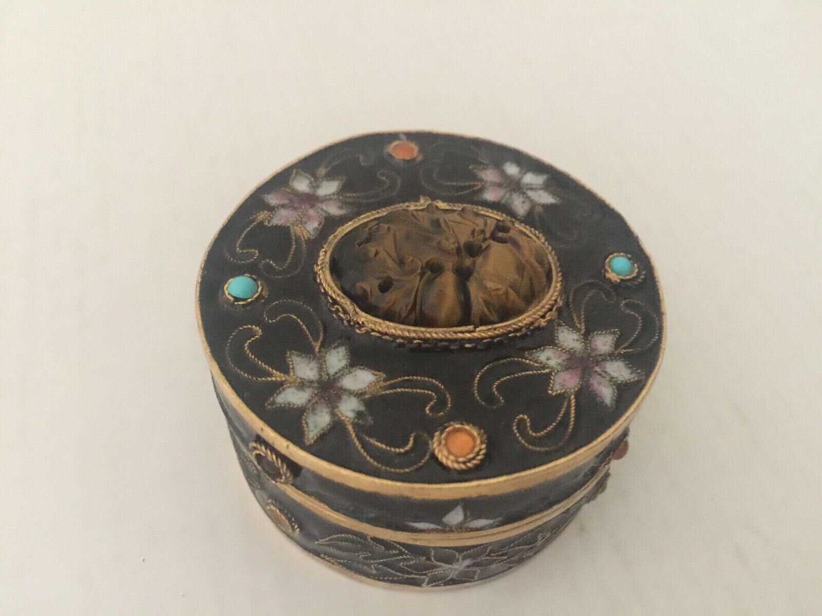 Antique Chinese Cloisonné enamel ornate round Silver box decorated w/ gems 2\