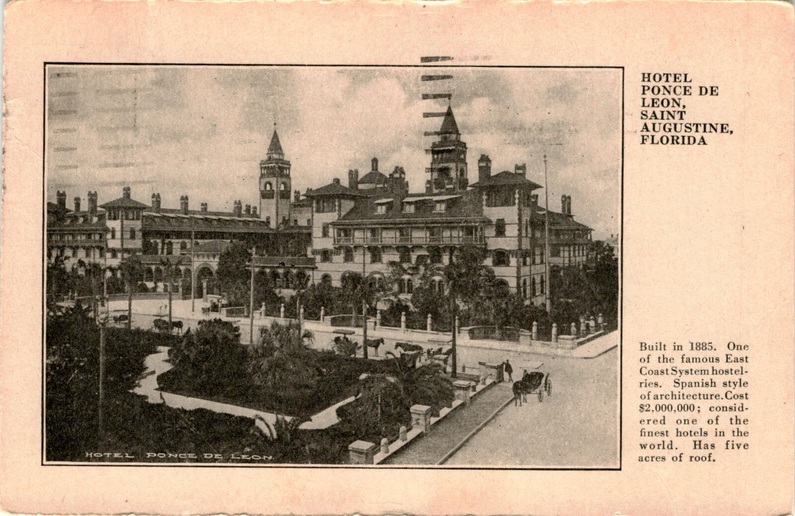 Hotel Ponce De Leon, Saint Augustine, Florida, construction 1885, Postcard