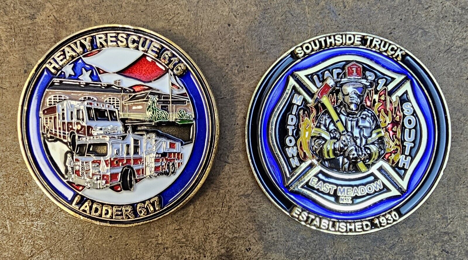 Fire Dept Challenge Coin - East Meadow Fire Department - Ladder Co. 1 - Lot Of 3
