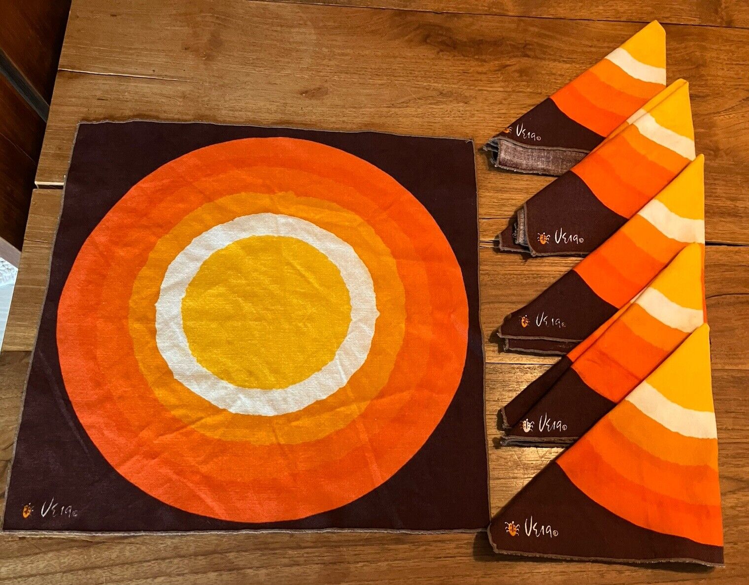 Vera Neumann Napkins Set 6 Sun Circle Pattern Brown Orange Yellow Vintage 70’s