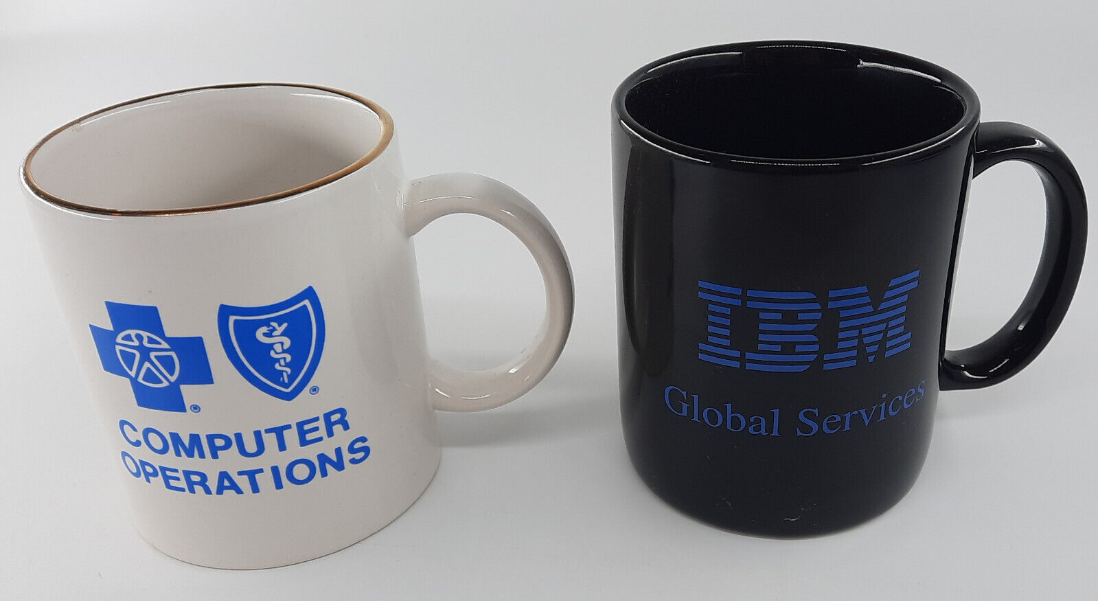 IBM and Blue Cross Computers Vintage Large Coffee Mugs Tea Cups Gold Rim EUC