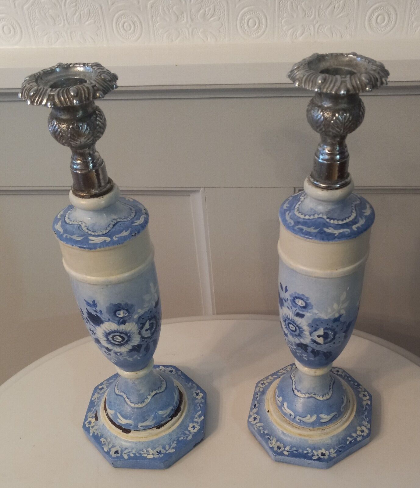 Two Blue And White Candle Holders