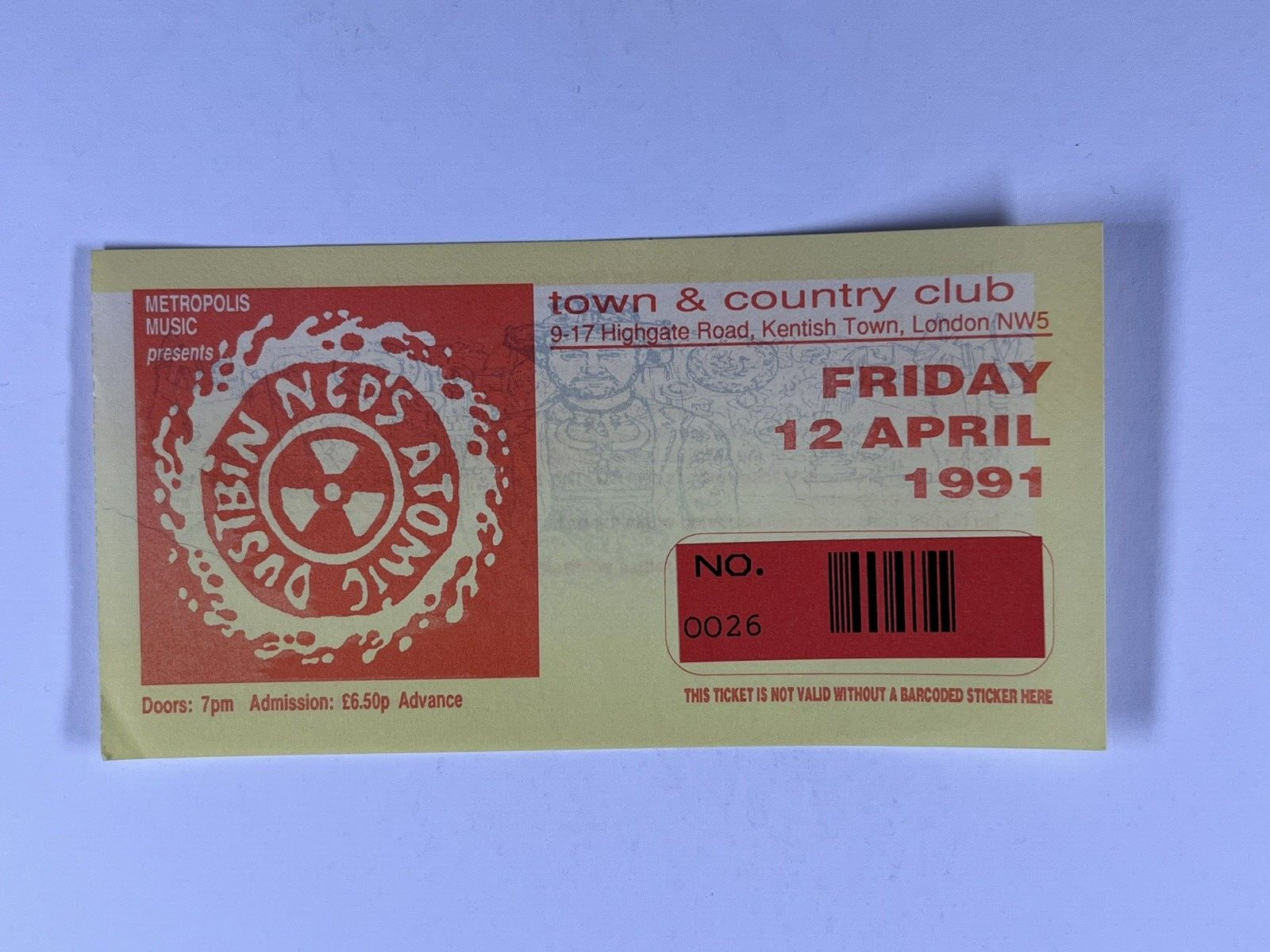 Ned\'s Atomic Dustbin Ticket Town and Country Club London Original 12 April 1991