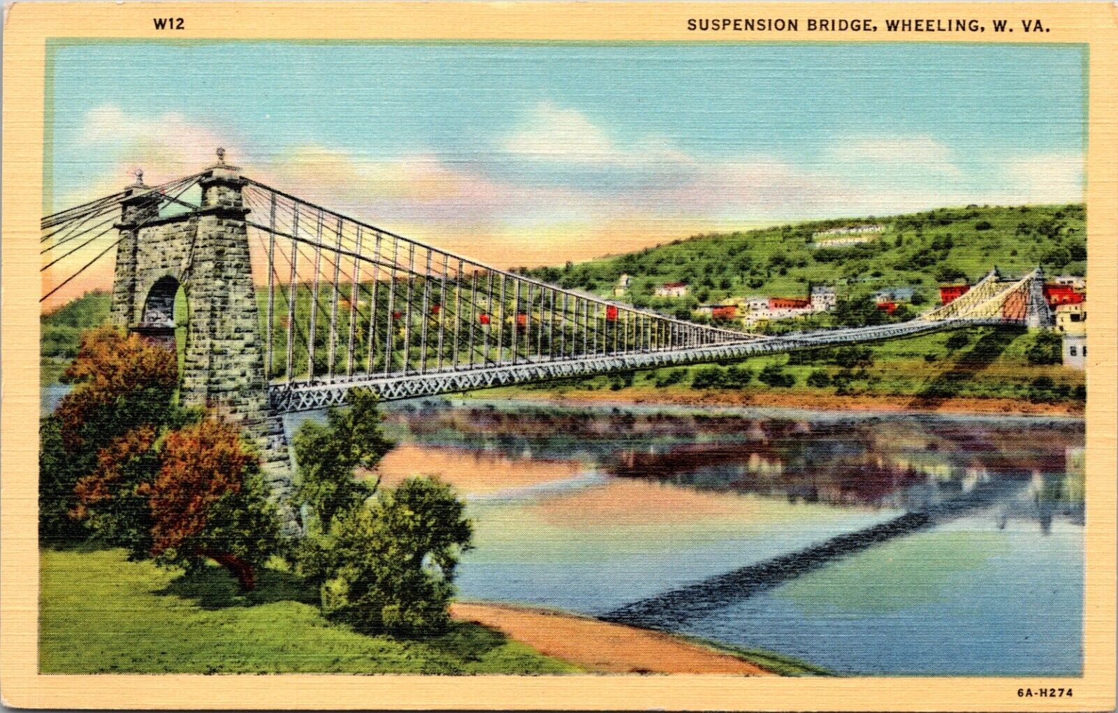 Suspension Bridge Wheeling West Virginia WV Linen Postcard L66