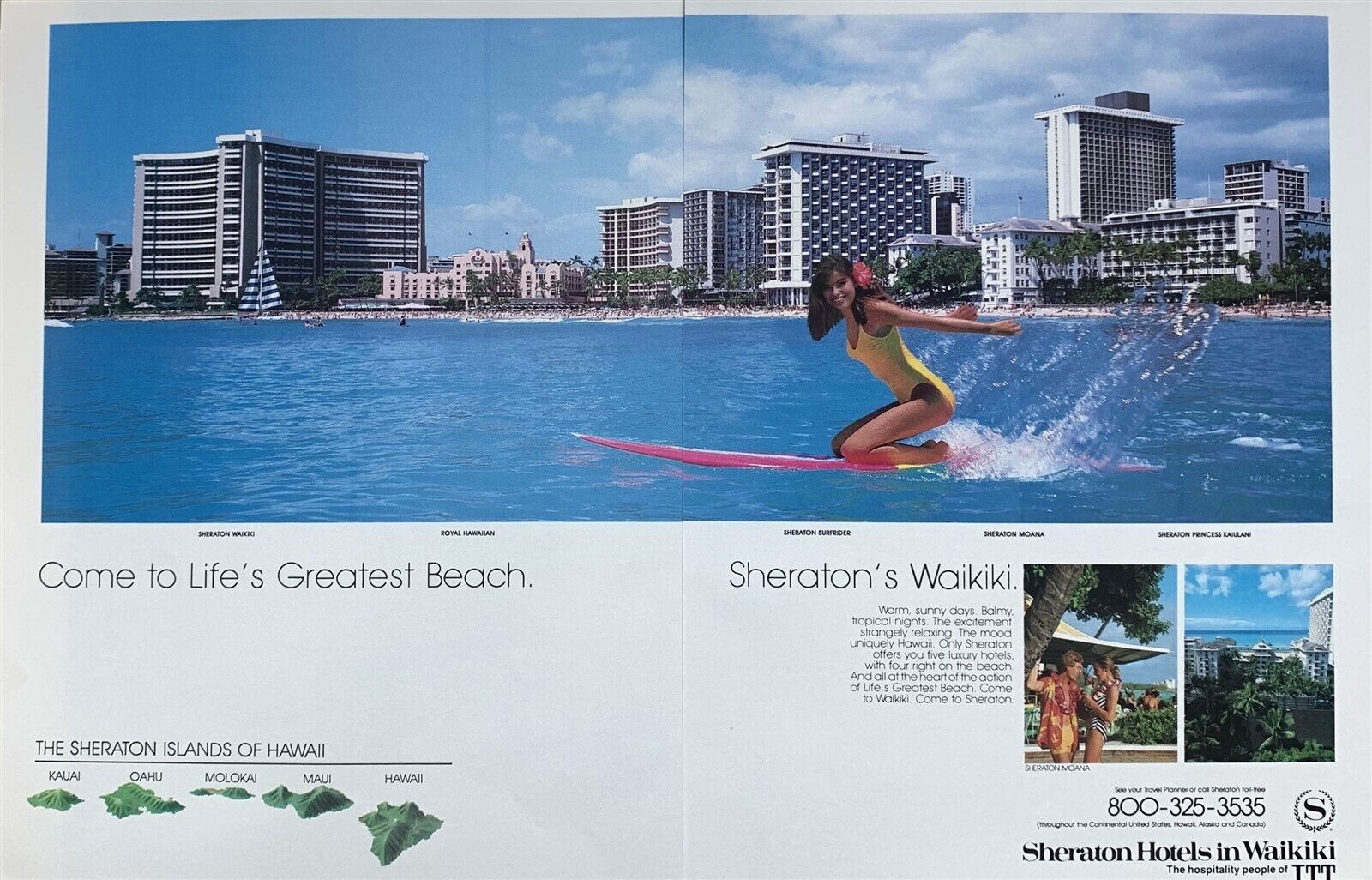 1987 SHERATON Hotels in Waikiki HI Come to Life\'s Greatest Beach PRINT AD