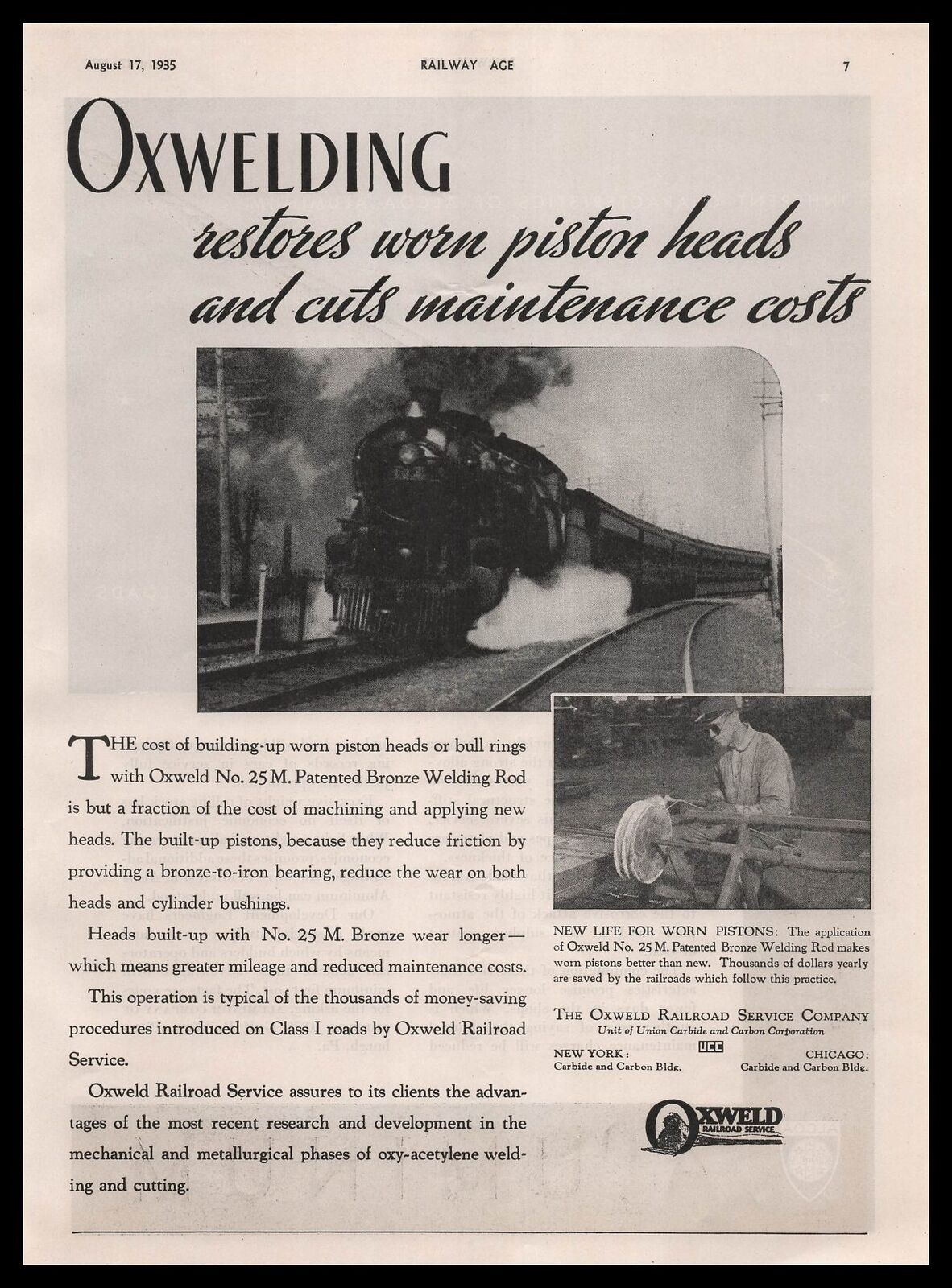 1935 Oxweld Railroad Service Co. Photo Welder Using Bronze Welding Rod Print Ad