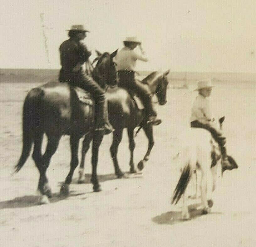 Vintage B&W Photograph WWII Era Australia Beach Horseback Riders and Boy on Pony