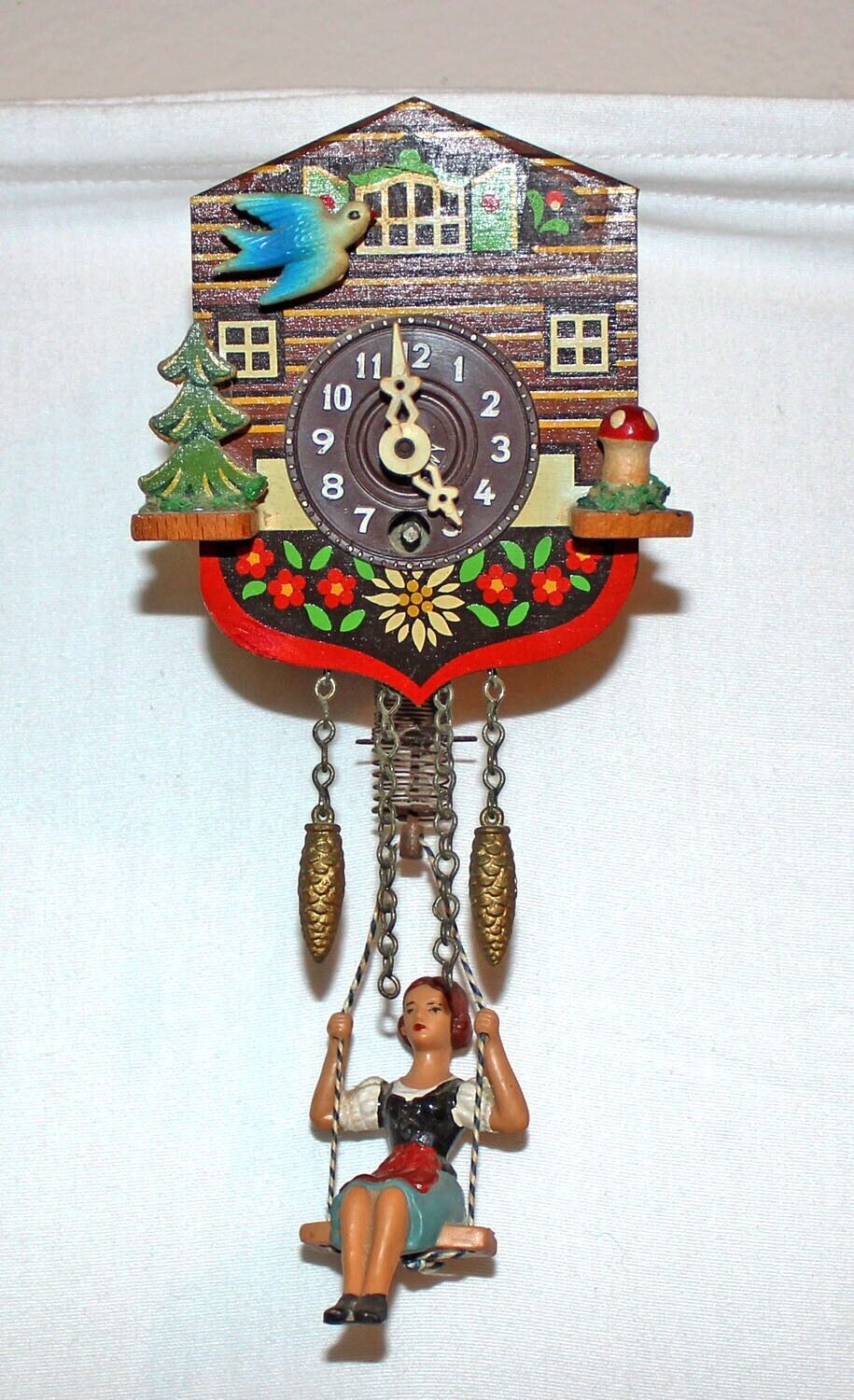 Vtv Miniature WEST GERMANY Swinging Girl Chalet Cuckoo CLOCK Bird Weights No Key