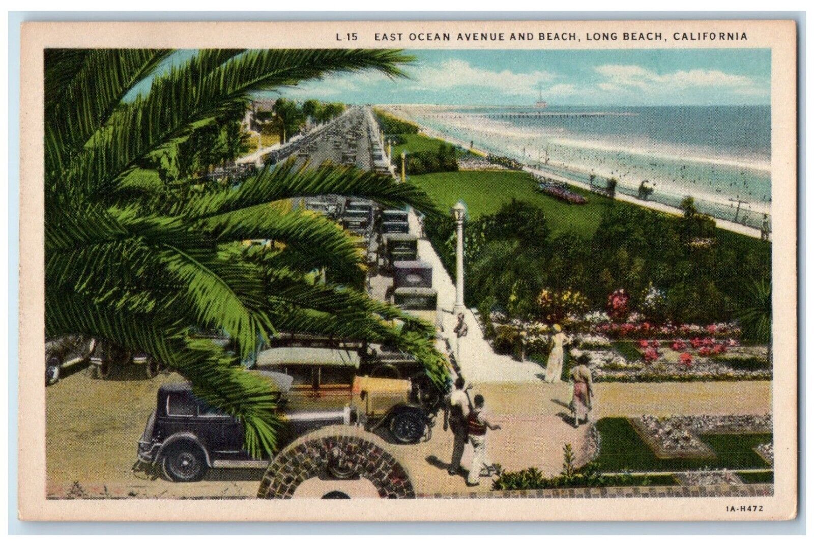 c1920 East Ocean Avenue Beach Classic Cars Park Long Beach California Postcard