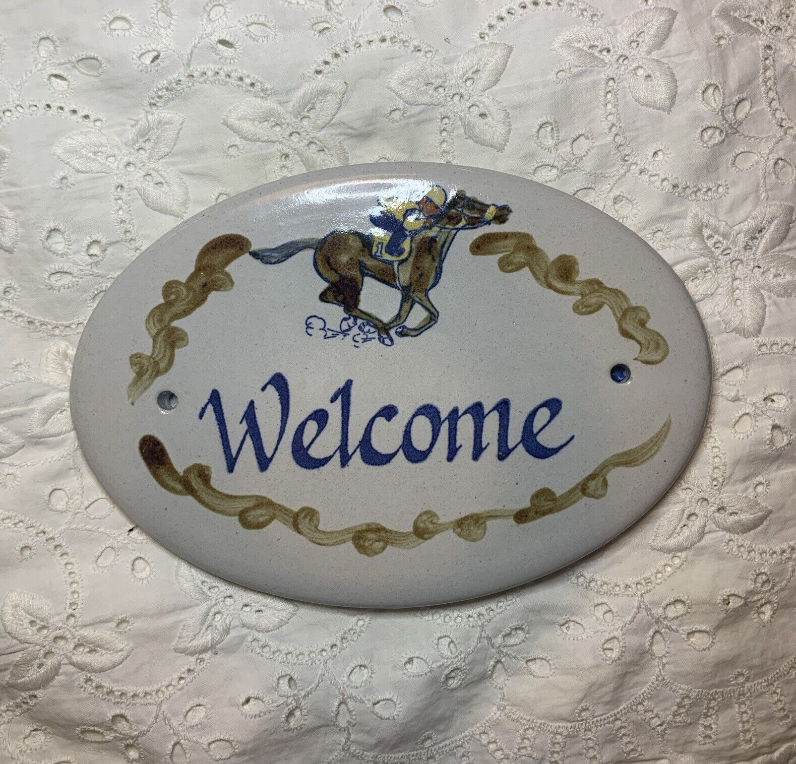 Vintage Rare Louisville Stoneware Welcome Wall Plaque Horse And Jockey