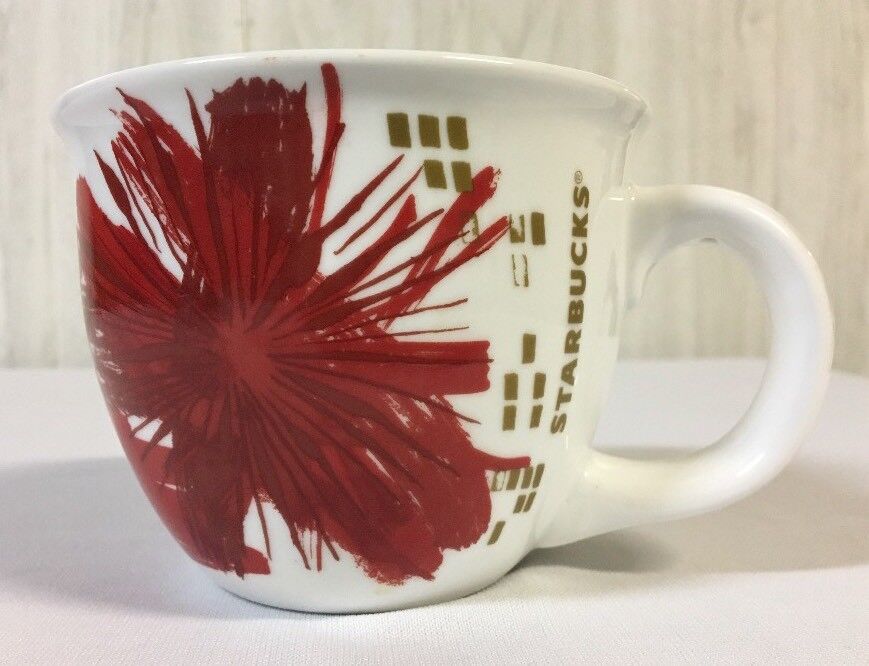 Starbucks 2014 Mug Red Starburst Floral Gold Accents 14 Oz
