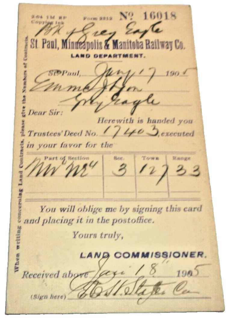 JANUARY  1905 GREAT NORTHERN RAILROAD GREY EAGLE MINNESOTA LAND DEED POST CARD