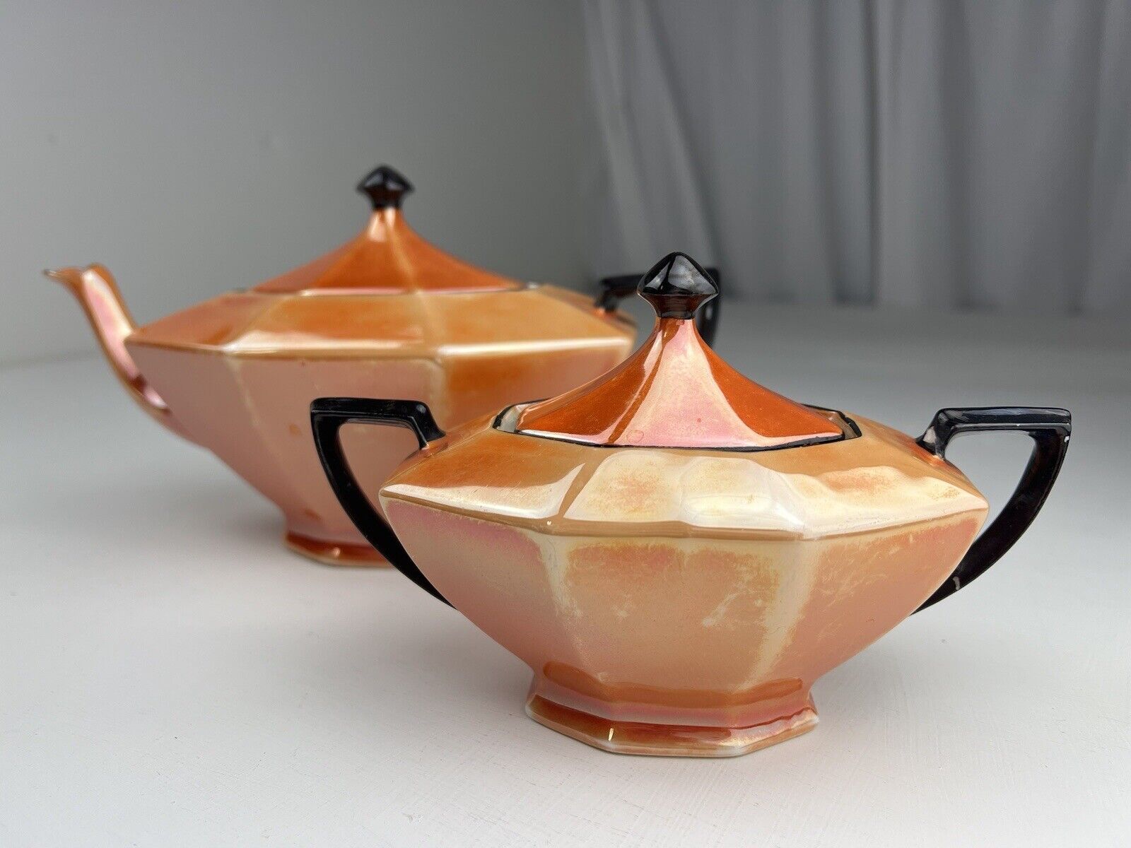 Art Deco Style Teapot + Sugar Bowl Orange Luster Black Trim Czecho-Slovakia RARE