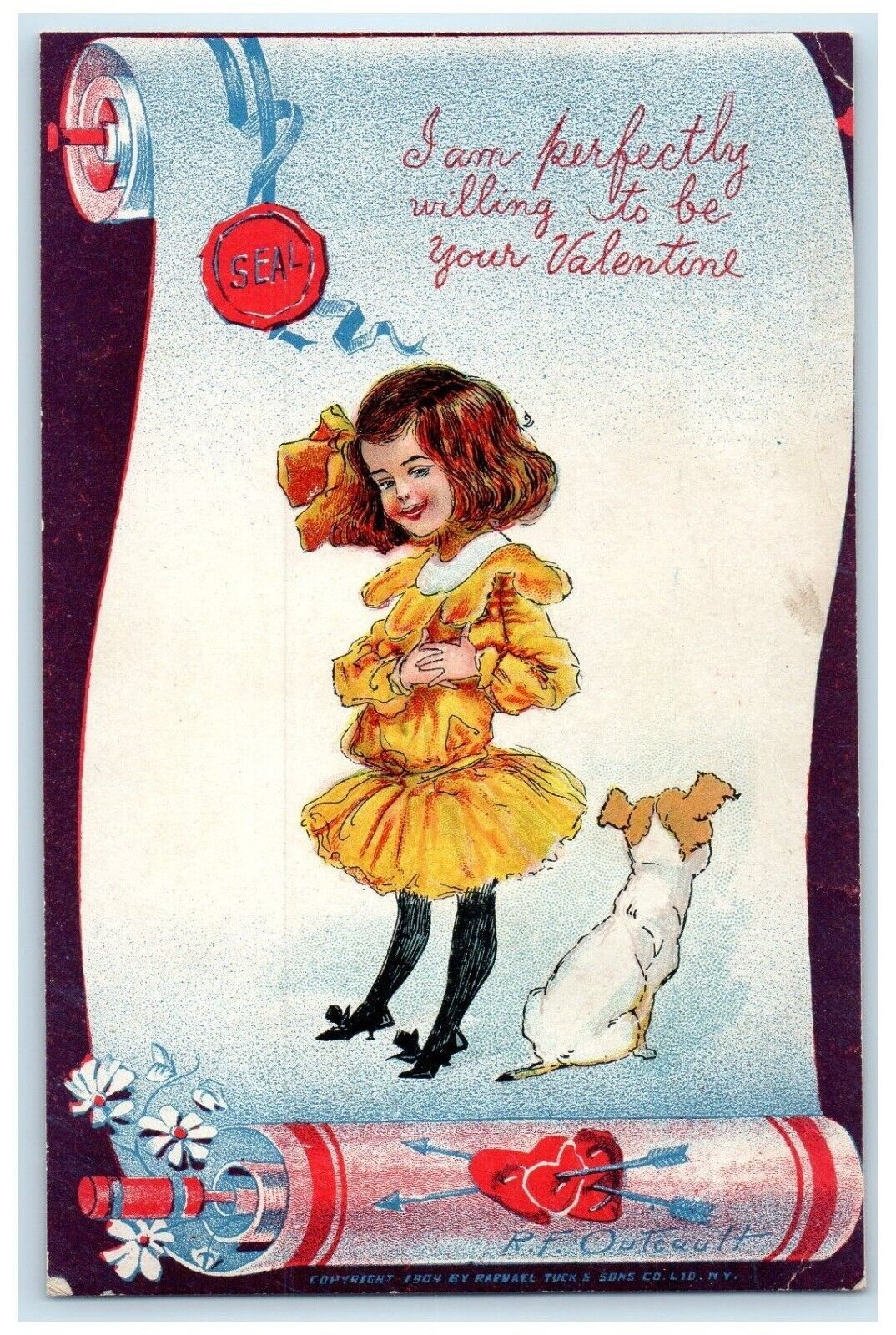 c1905 Valentine Seal Hearts Cute Girl And Dog Outcault Posted Antique Postcard