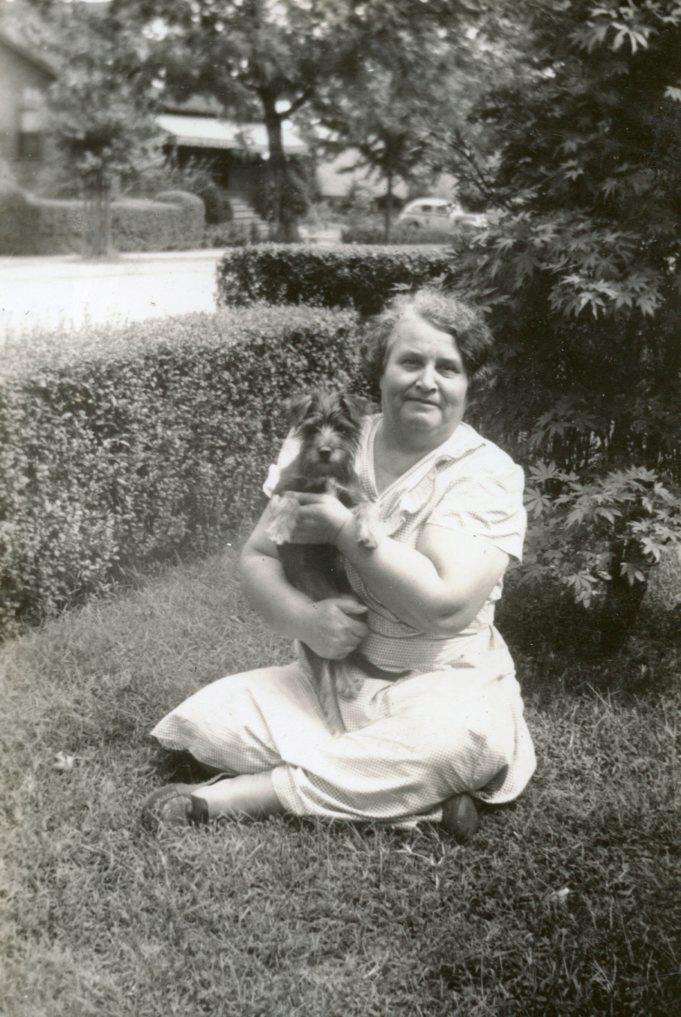 S116 Vtg Photo WOMAN HOLDING HER TERRIER PUPPY c 1930's
