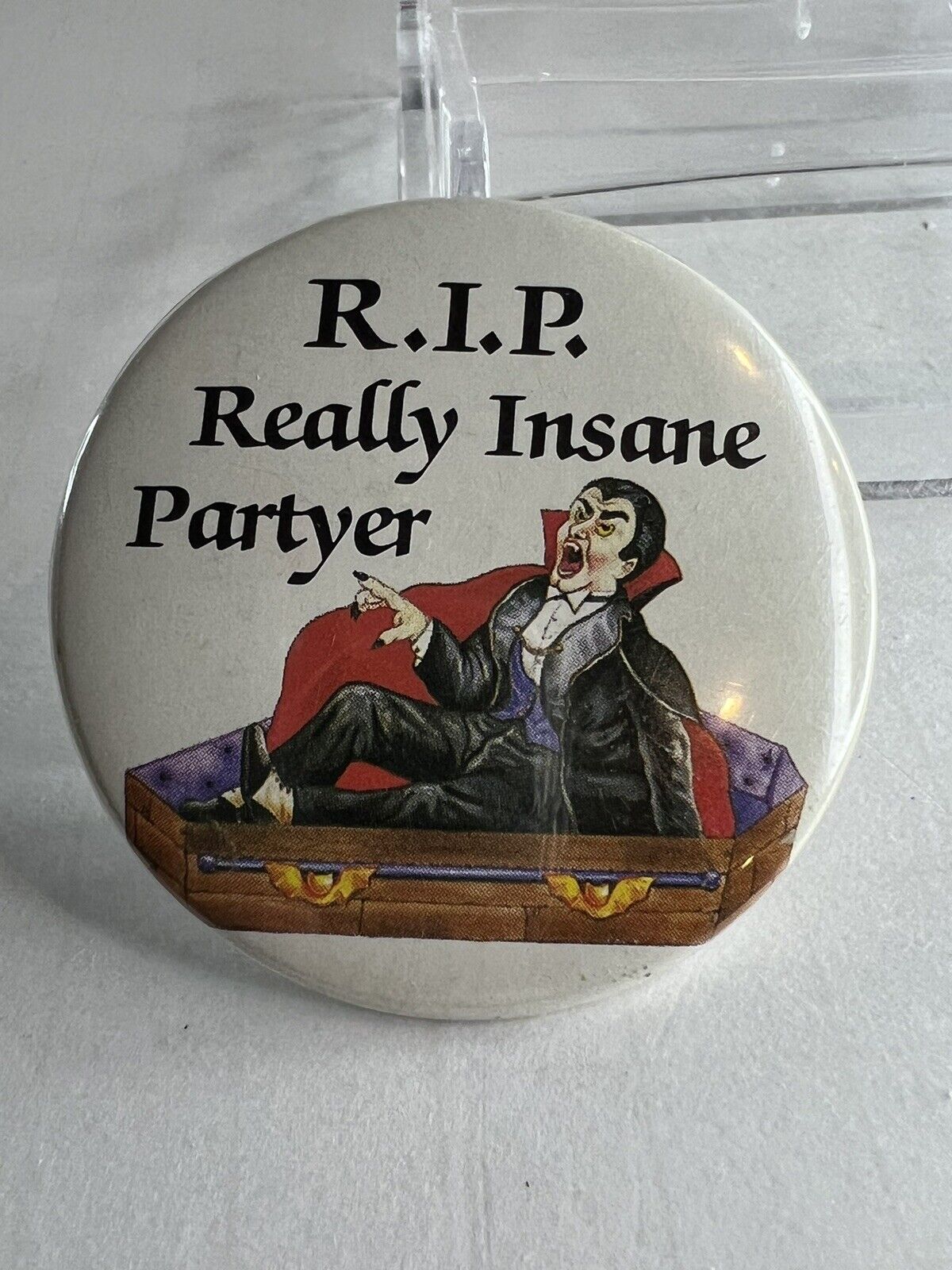 Vintage RIP Really Insane Partyer Vampire Pin Pinback Button Brooch 1987 See Pic