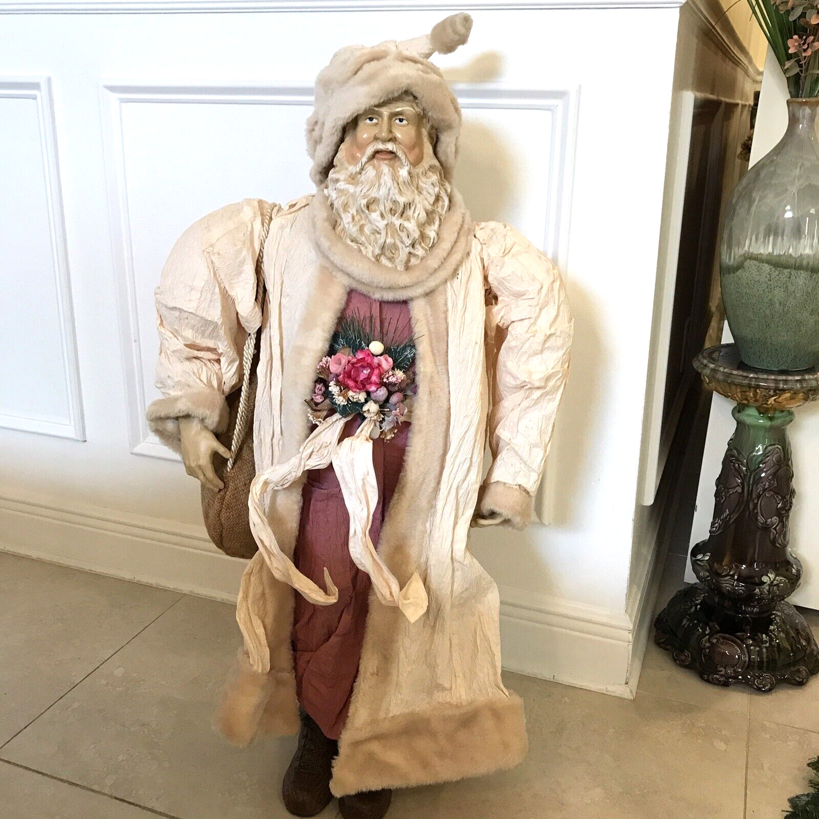 39” Vintage Santa Claus with Paper Costume Very Rare Christmas Holiday Decor