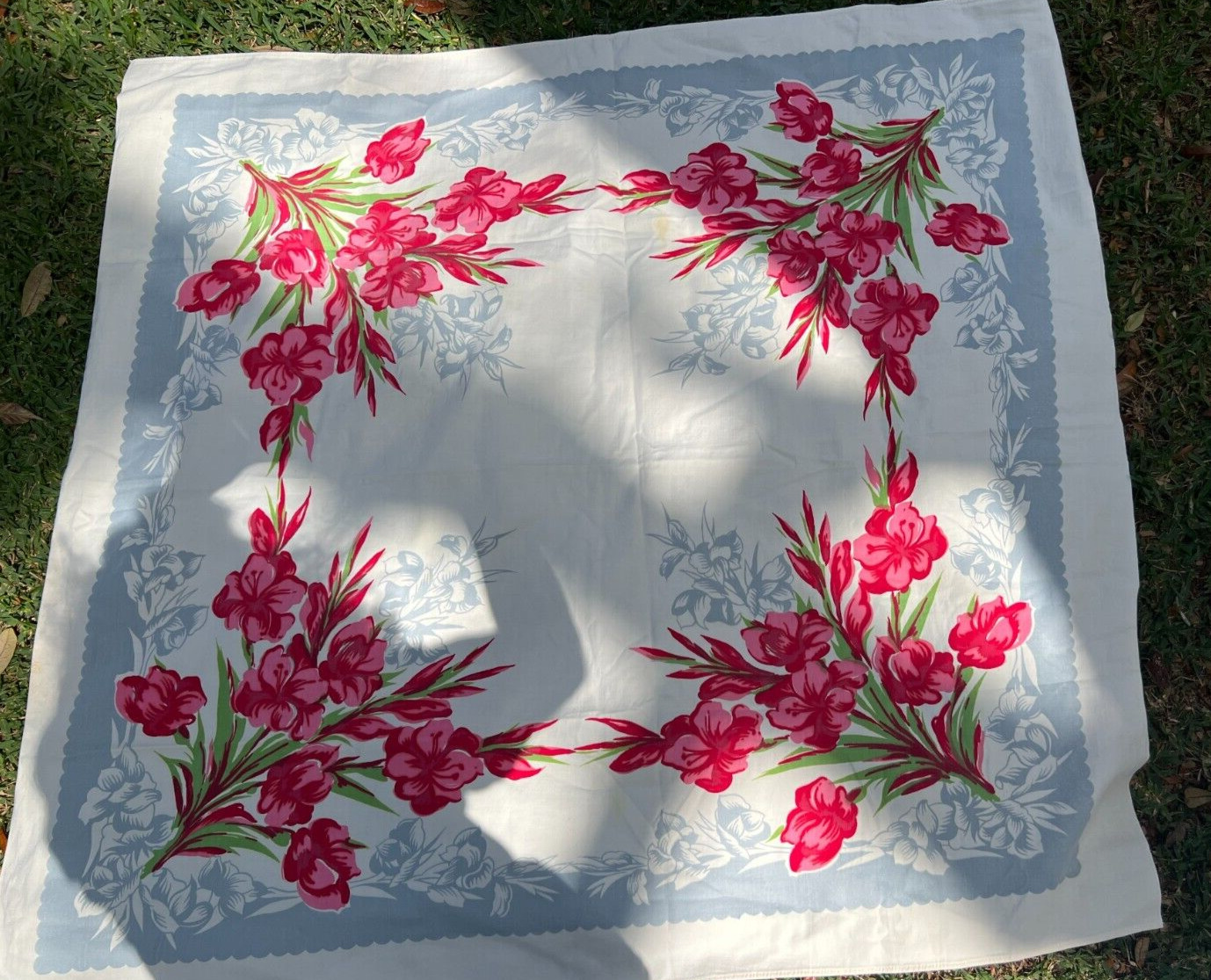 Vintage 1950’s Gorgeous Colorful Red Pink & Grey Flower Tablecloth 50”X 44”