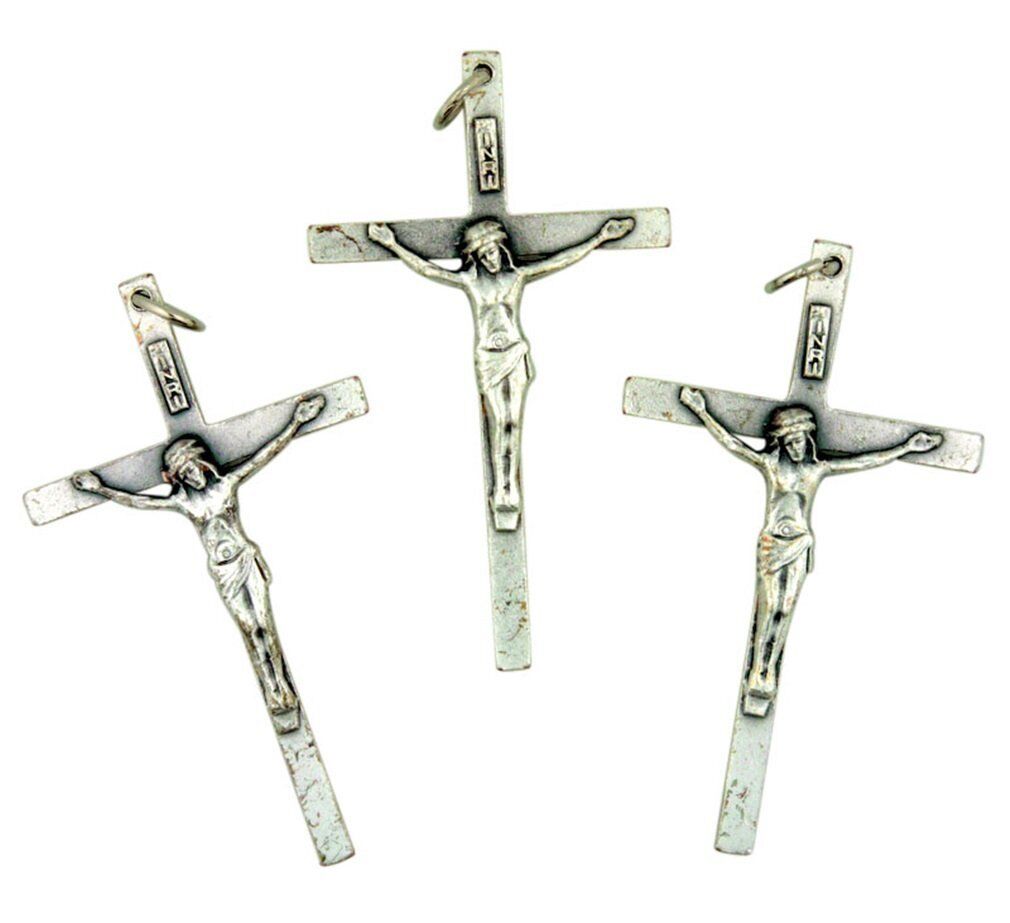 Silver Tone Petite Catholic Cross Crucifix Pendant, Lot of 3, 2 Inch