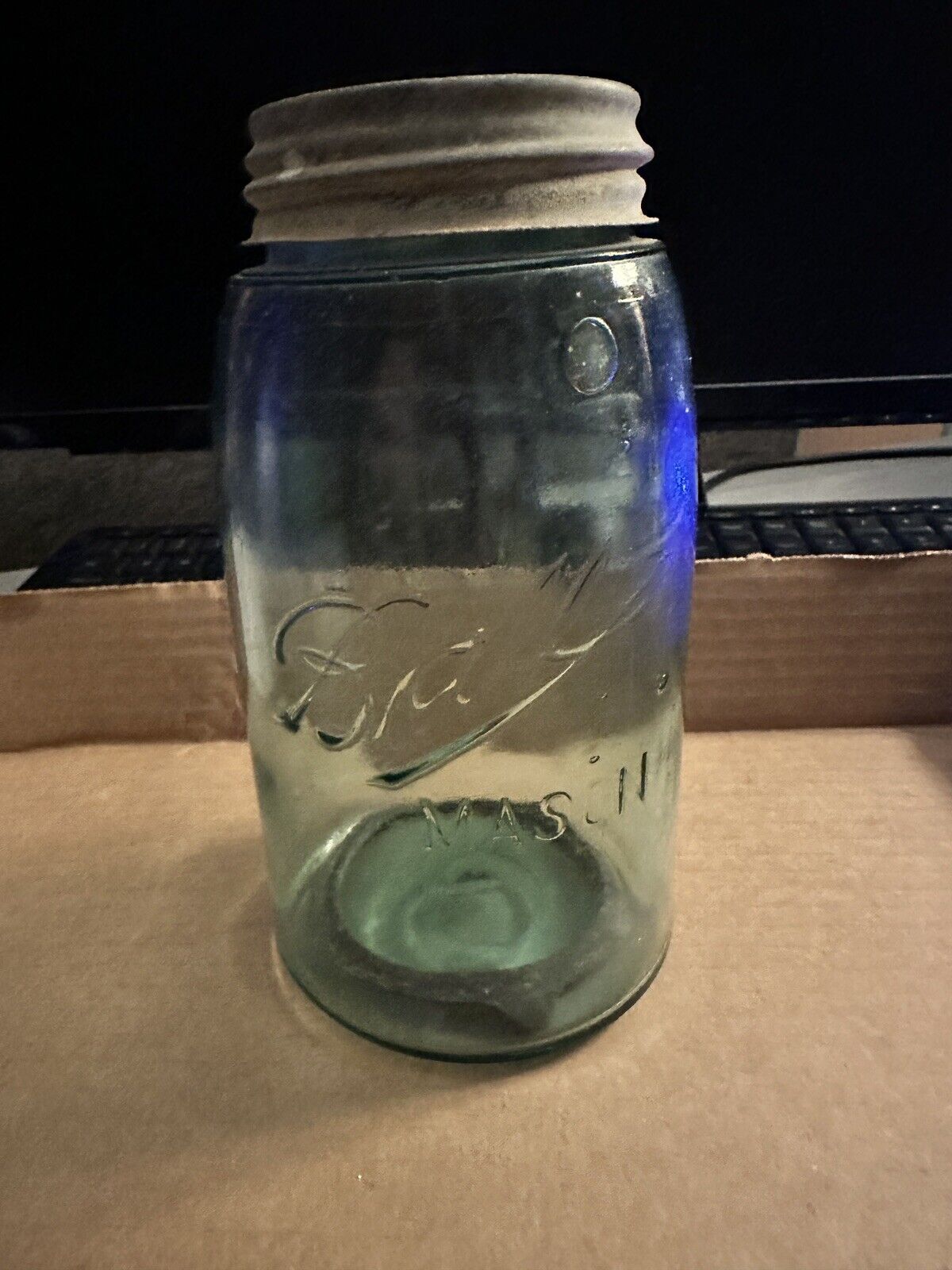 3-L Logo 1900-1910 Ball fruit jar with original zinc lid and milk glass liner