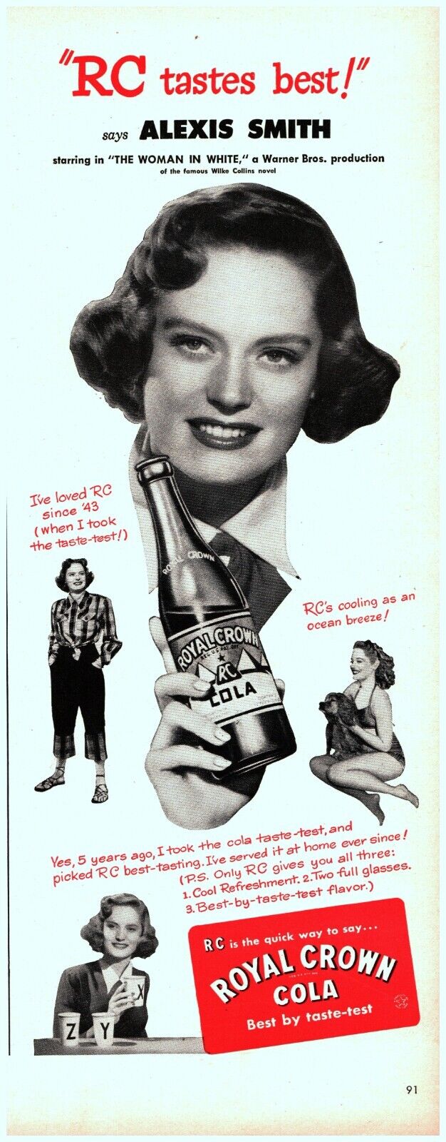 1948 RC Cola Vintage Print Ad Actress Alexis Smith Royal Crown Woman In White 