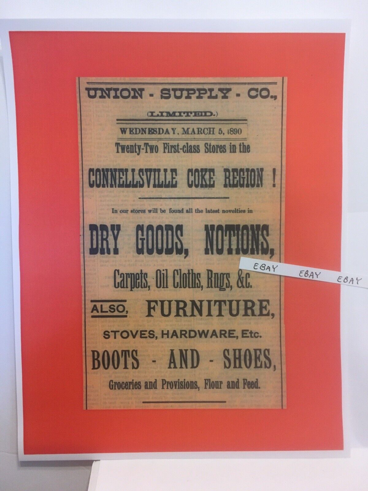 1890 Union Supply 22 Company Stores Ad Only Connellsville Pa Coal Mine Coke Oven