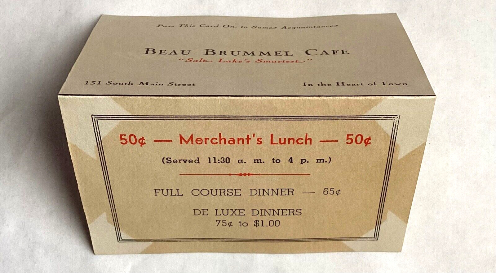 1940 SALT LAKE CITY, UTAH- BEAU BRUMMEL CAFÉ, 151 S. MAIN, TABLE/BUSINESS CARD