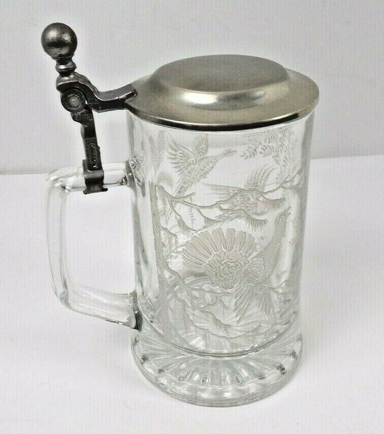 Vintage ALWE West Germany Glass Beer Stein With Pewter Lid Turkey Nature Scene