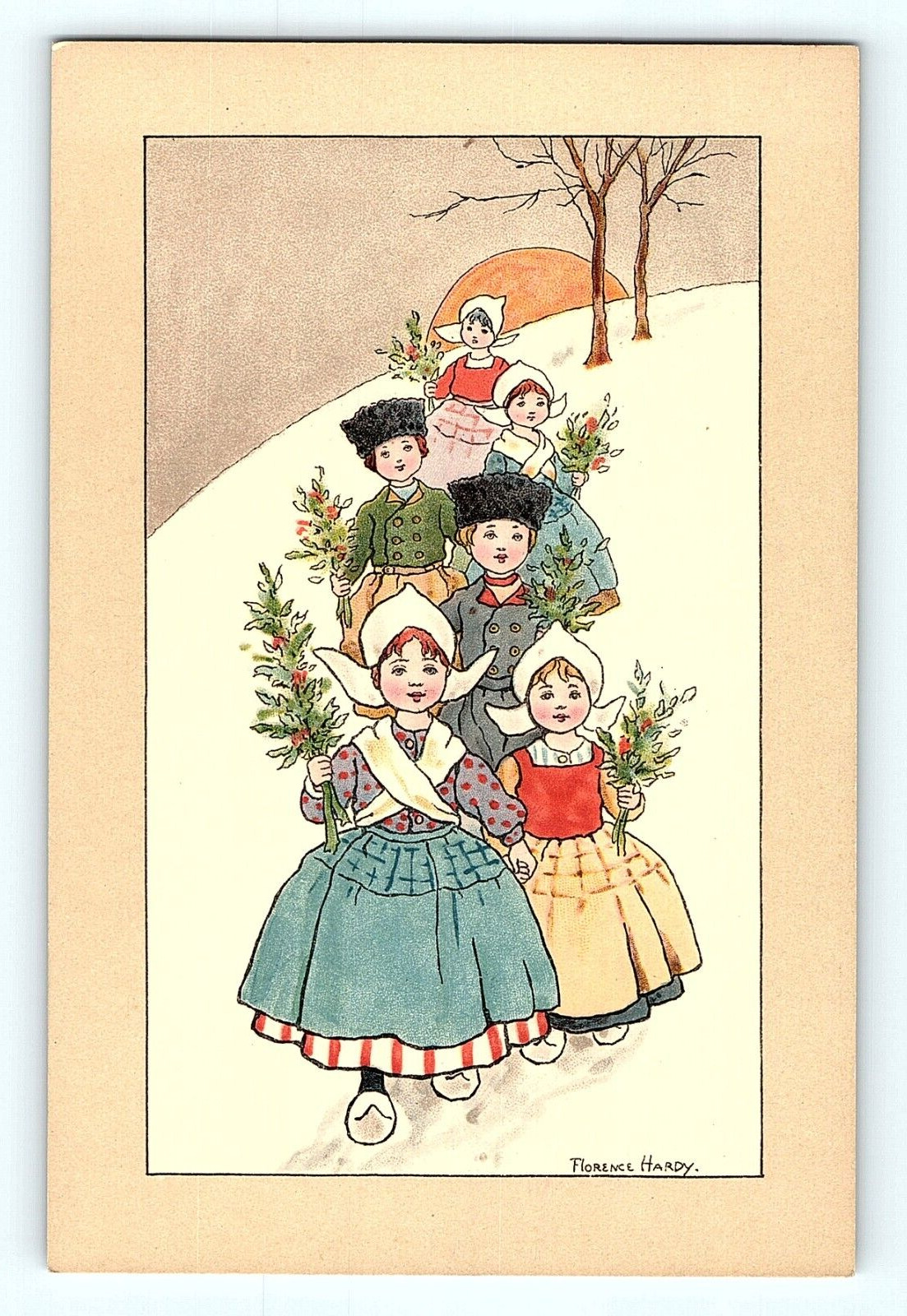 Dutch Girls & Boys Snow Covered Hill Bouquets Florence Hardy Artist Postcard F1