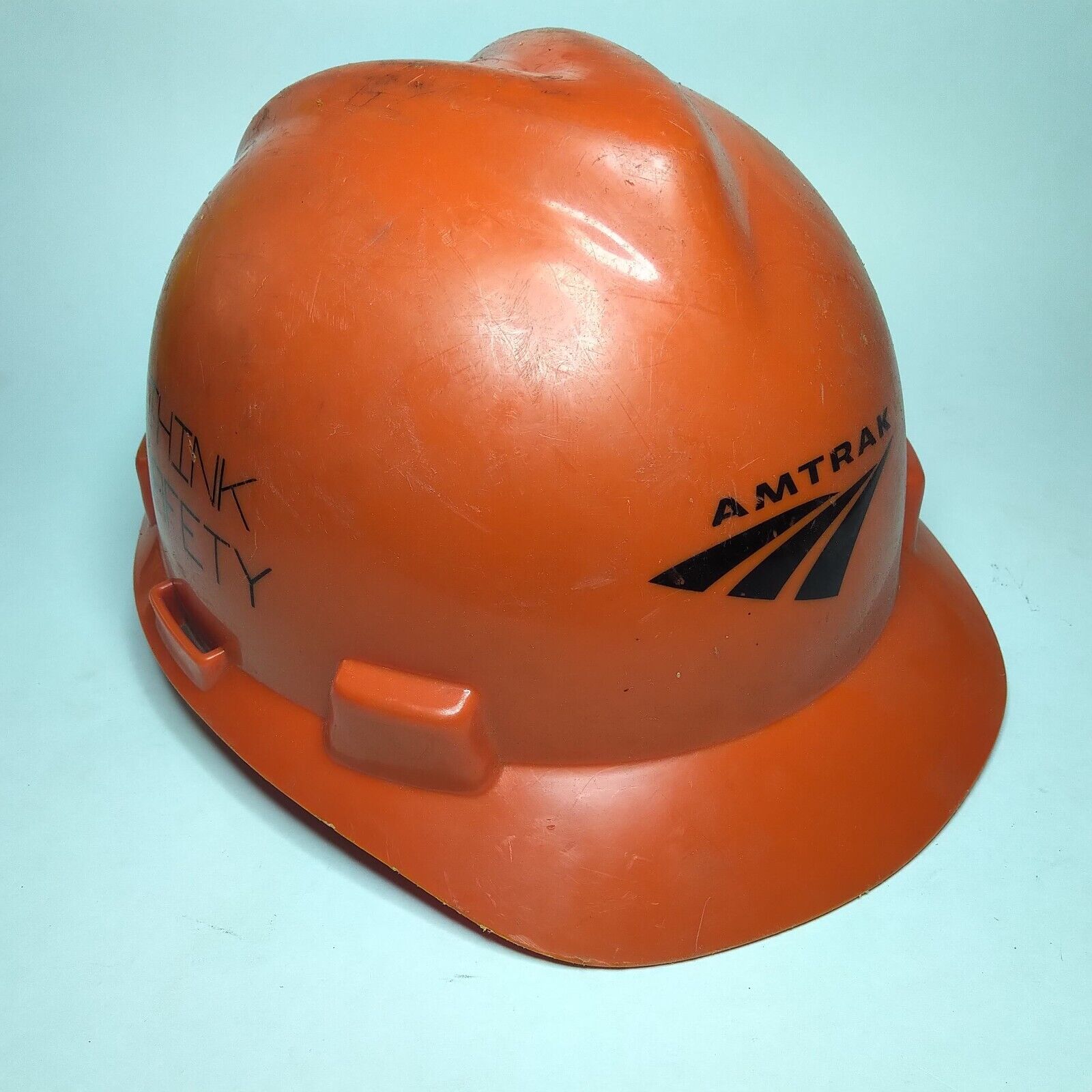 Vintage Amtrak Orange Hard Hat Helmet Think Safety MSA Medium