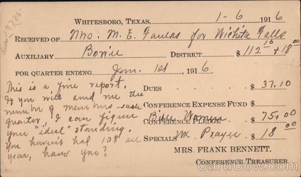 Postal Card 1916 Whitesboro,TX Auxiliary Conference Dues Receipt Grayson County