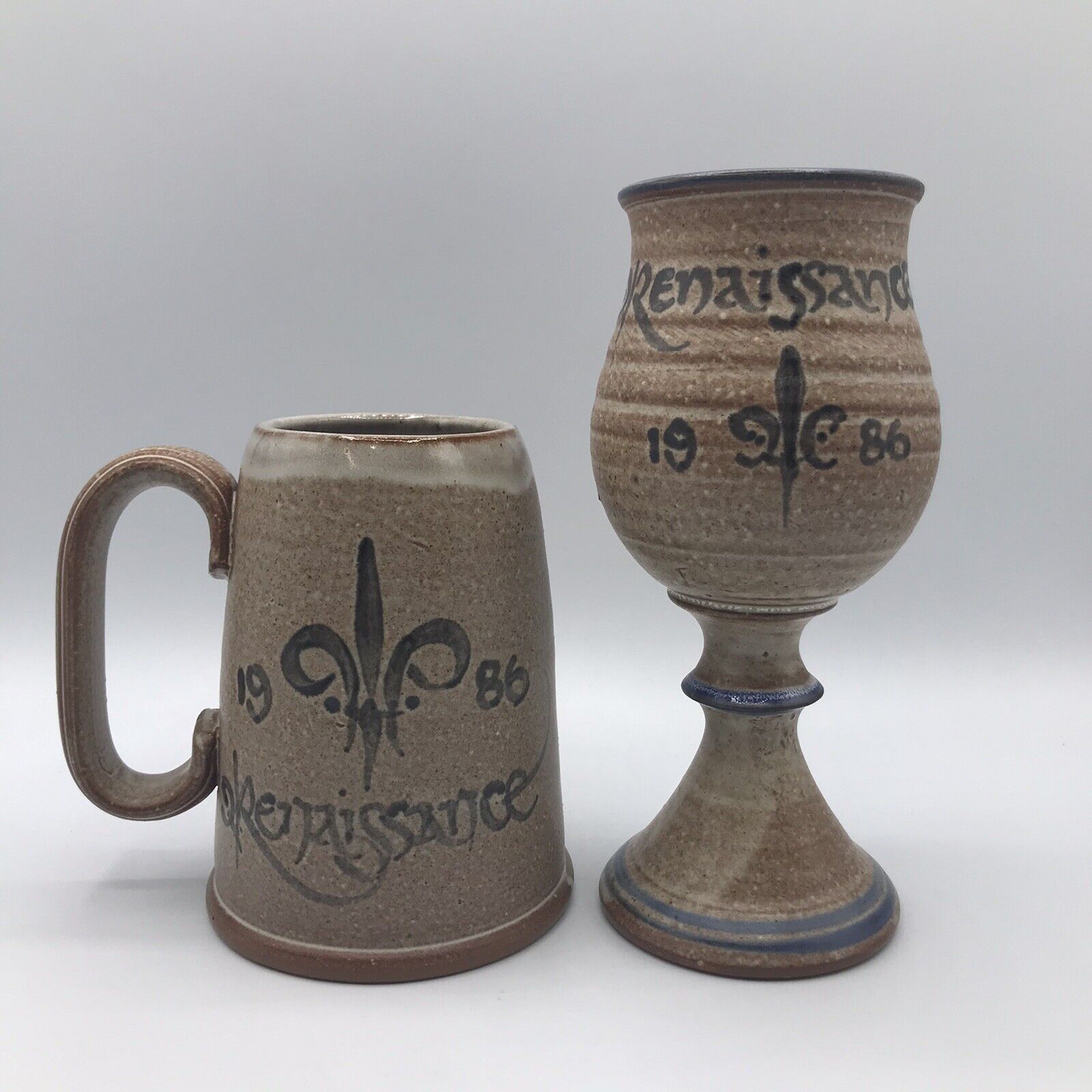 Vtg 80s Deneen Renaissance Festival Goblet & Stein Mugs Fleur De Lis Pottery Cup