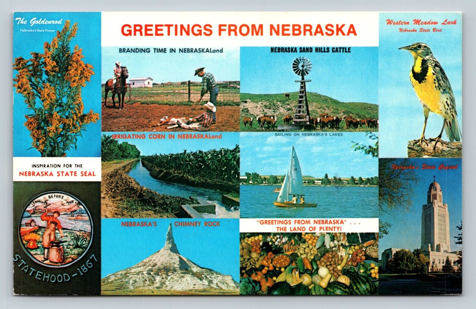 c1991 Postcard: Greetings From Nebraska NE State Seal Popular Attractions