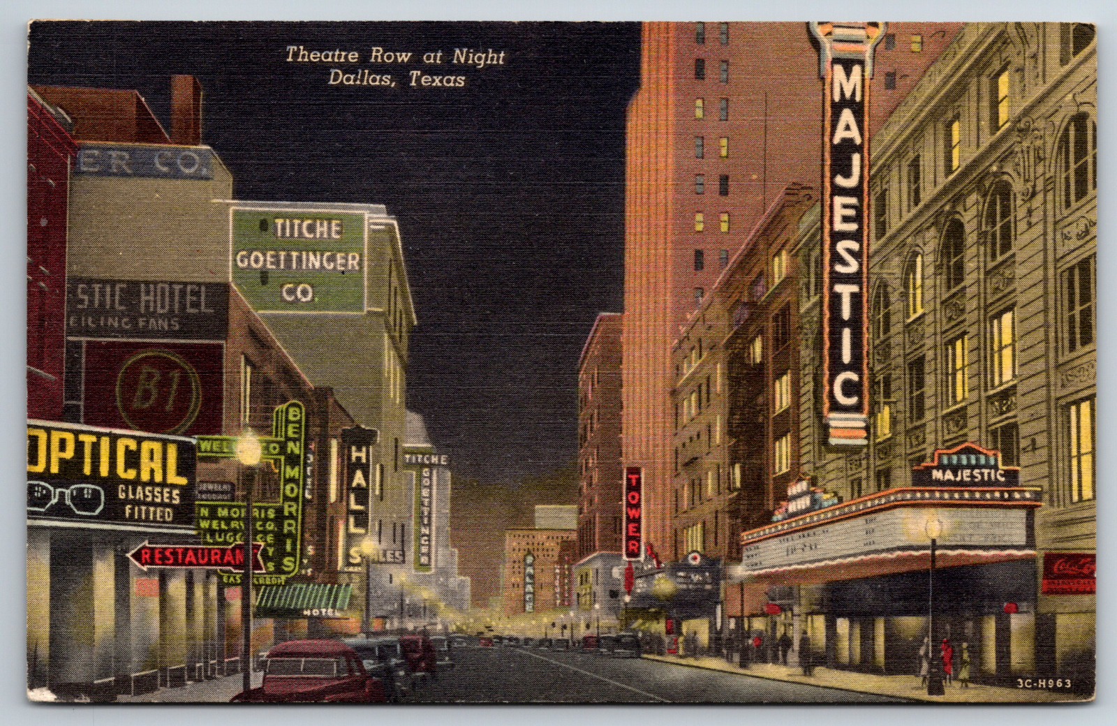 Dallas Texas Theatre Row at Night Linen Vintage Postcard