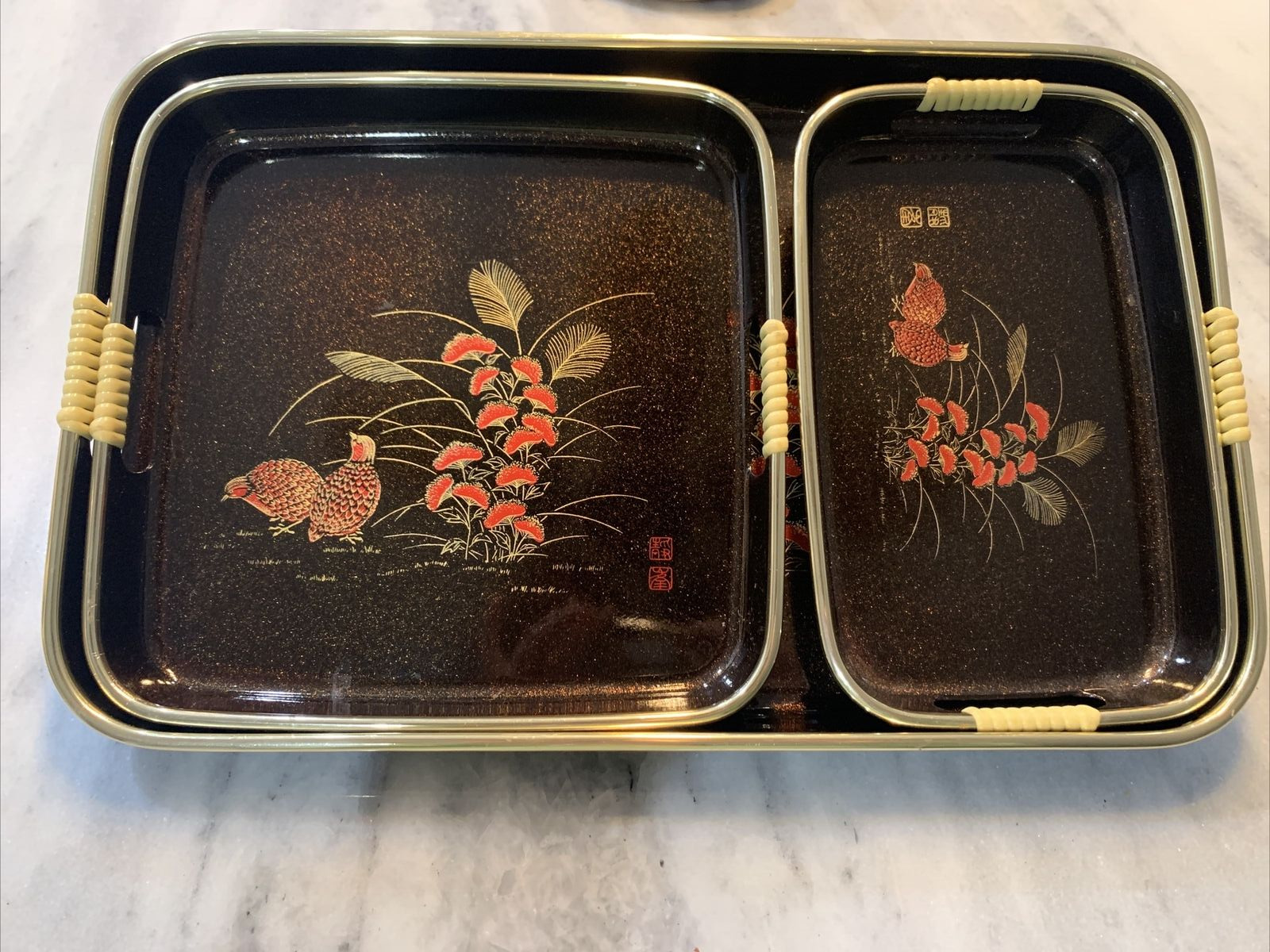 Vtg Toyo Japanese Lacquerware Enamel Serving Nesting Tray Set Red Birds Set of 3