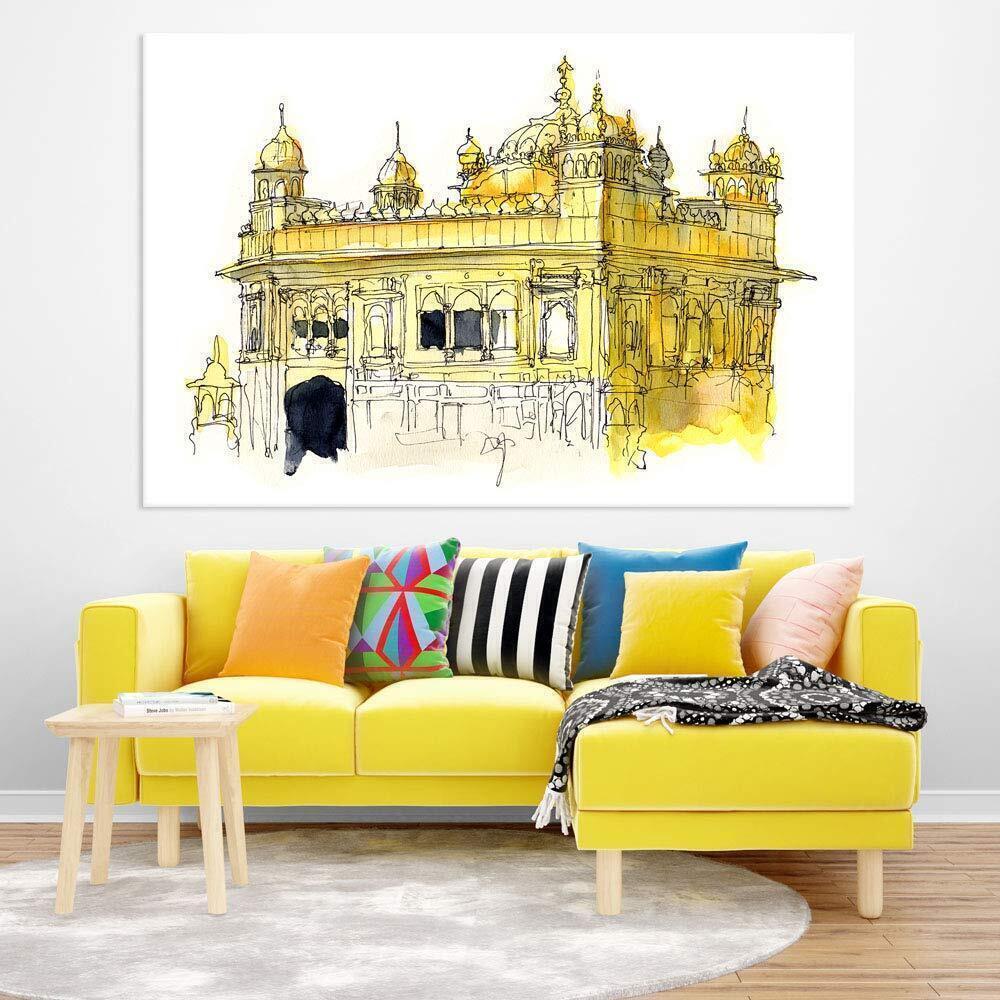 Indian Traditional Unframed Golden Temple Canvas Painting For Decor