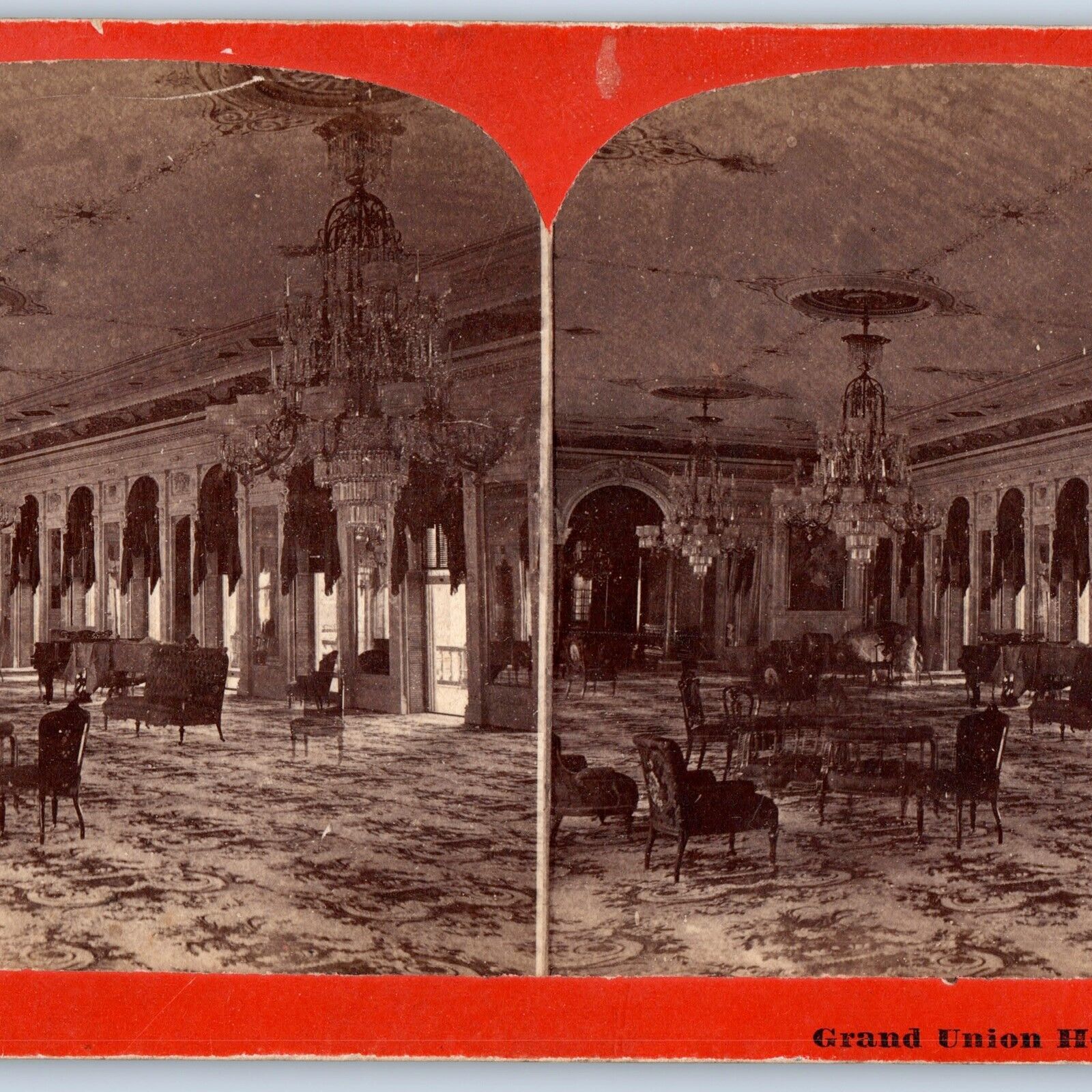 c1900s Saratoga Springs, NY Grand Union Hotel Parlor Real Photo Stereoview V46